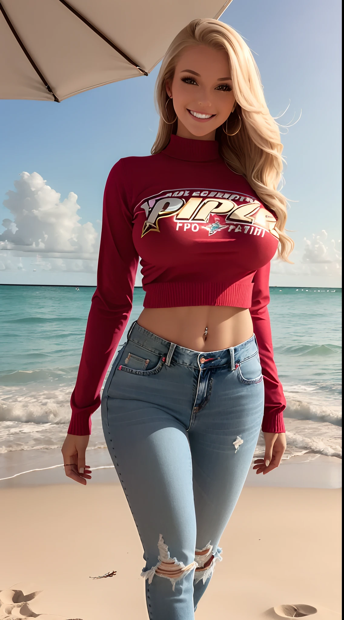 American cheerleader blonde with a perfect body and big boobs and big ass and sexy hips who loves to dance and have fun. She walking on the beach wearing a blouse and jeans posing for a passport picture. Headshots of her beautiful face and perfect smile long sleeve sweater long shirt Florida shirt Florida sweater Florida panthers jersey Miami dolphins jersey ultrarealistic realistic
