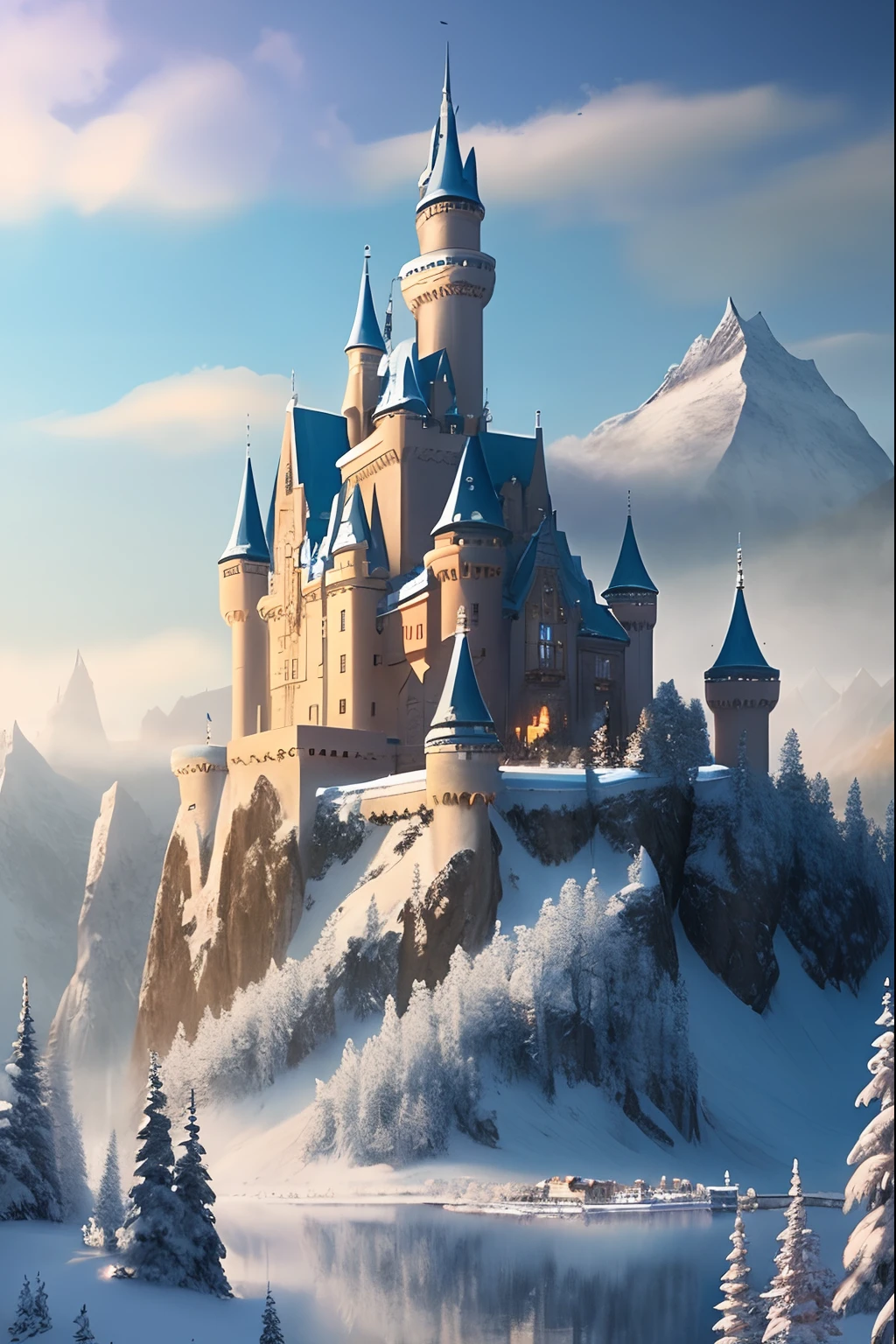 snowy mountain scene with a castle in the middle of the lake, high fantasy castle, beautiful castle, fantasy castle, epic castle with tall spires, beautiful render of a fairytale, misty castle, fantasy art behance, matte painting in fantasy style, 4 k detail fantasy, magical castle, unreal engine fantasy art, 4k highly detailed digital art, detailed fantasy digital art