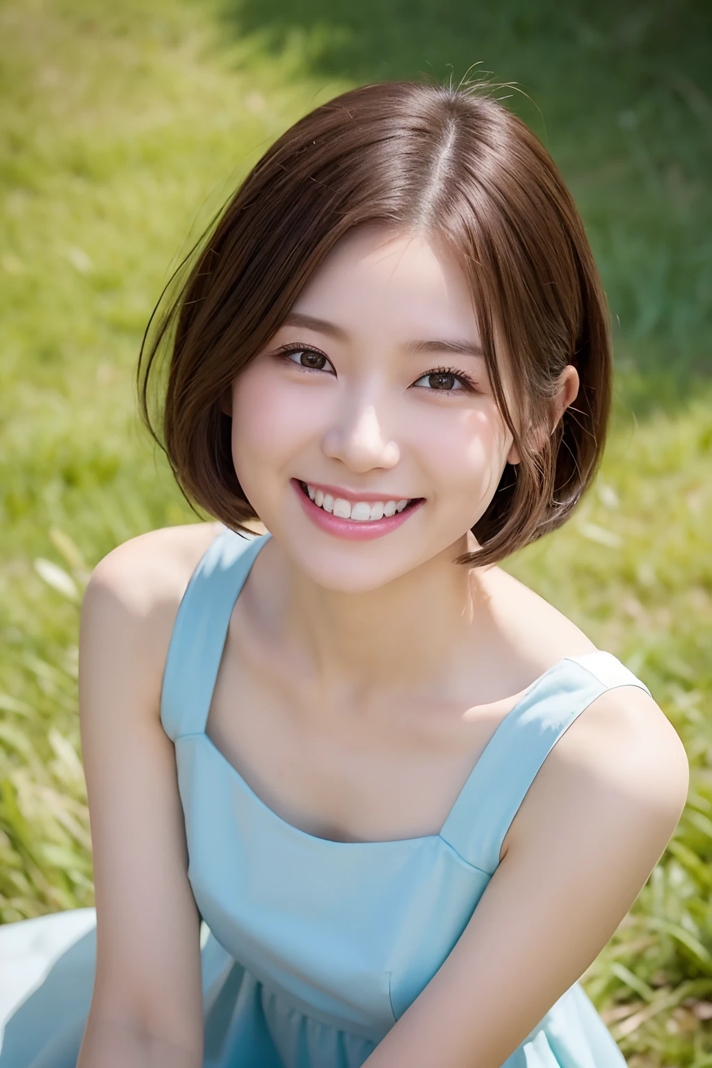 Top quality, 8K, masterpiece, A beautiful and refined woman, feminine bob hairstyle, sweating and blushing slightly, smiling beautifully, warm and gentle smile, showing her white teeth, almond-shaped eyes, on leisure sheet, in the pasture, looking at the viewer with gratitude and curiosity, overhead shot, on an autumn sunny morning, conservative dress