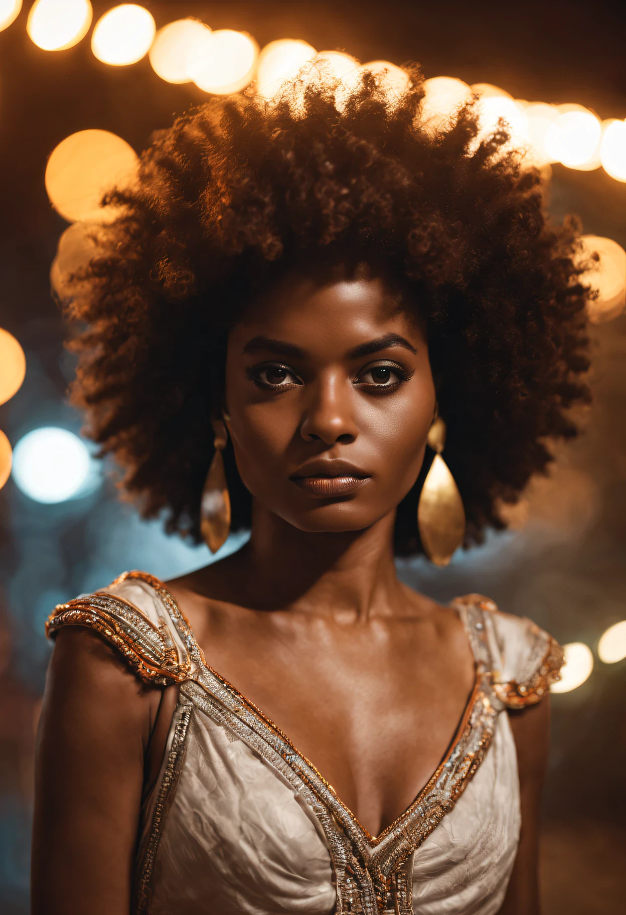 Headshot of Afro-Brazilian heroine Dandara dos Palmares, pele negra, brincos afros, colares, Determined and warlike expression; cinemactic, Photo Session, Fotografado na lente de 25mm, profundidade de campo, Tilt Blur, Velocidade do obturador 1/1000, F/22, White balance, 32k, Super-Resolution, Pro Foto RGB, half rear lighting, luz de fundo, dramatic lighting, Incandescente, soft lighting, volumetric, Dia do Conto, global ilumination, Global Screen Space Illumination, Scattering, Sombras, Rough, Cintilante, Lumen reflections, screen space reflections, Diffraction Grading, chromatic aberration, Deslocamento de GB, Linhas de varredura, Ambient occlusion, antialiasing, FKAA, TXAA, RTX, SSAO, OpenGL-Shader, Post processing, post - production, cell-shading, Mapeamento de tons, .cgi, VFX, SFX, Insanamente detalhado e intrincado, Hiper maximalista, elegante, dynamic pose, fotografia, volumetric, ultra-detalhado, detalhes intrincados, super detalhado, ambient –uplight –v 4 –q 2