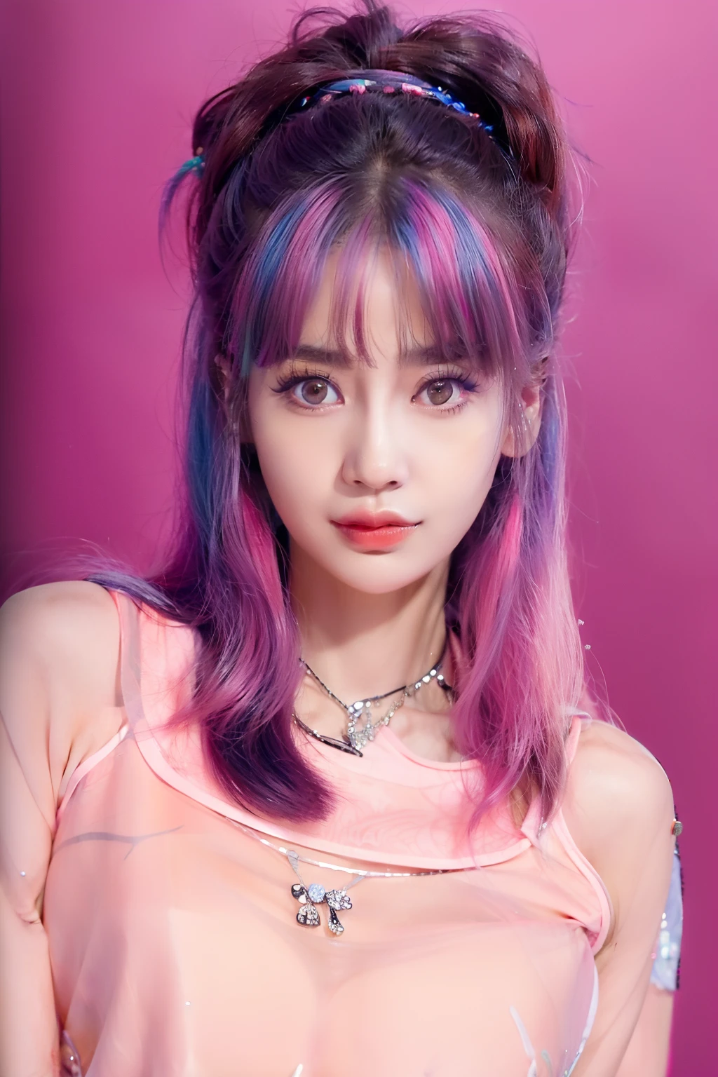 arafed woman with a pink hair and a black top, lalisa manobal, neat hair with bangs, twintails hairstyle, pink twintail hair and cyan eyes, lalisa manoban of blackpink, chiho, headshot profile picture, belle delphine, with bangs, long hair with bangs, misa amane *, fluffy bangs