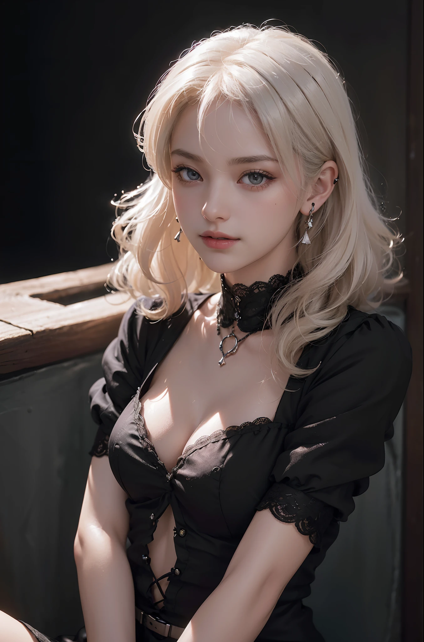 (RAW photo, Best quality), ((Nostalgia,1980s syle)),(Punk girl:1.2),(Realistic, photo-realistic:1.3), (a flat chest:1.3), (short detailed hair), Collar,Very pale skin,hyperdetailed face, Detailed lips,, Fine eyes, Double eyelids, Skinny Gothic clothing,(black t-shirts:1.5),gaming headphone, Extremely delicate and beautiful, Amazing, finedetail, Masterpiece, Ultra-detailed, A high resolution,Best Illustration, Best shadow,Intricate,Depth of field,(Close-up portrait of a young and beautiful maiden:1.2),Heterochromic pupils,((((low tune,Dark scene,Dimly lit)))),(((Soft lighting:1.4))),(Pale skin:1.4),(Shy smile),(Movie Angle),Sharp focus, volume fog, 8K UHD, Digital SLR, High quality,( filmgrain:1.4), Fujifilm XT3,(view the viewer), Pale skin,