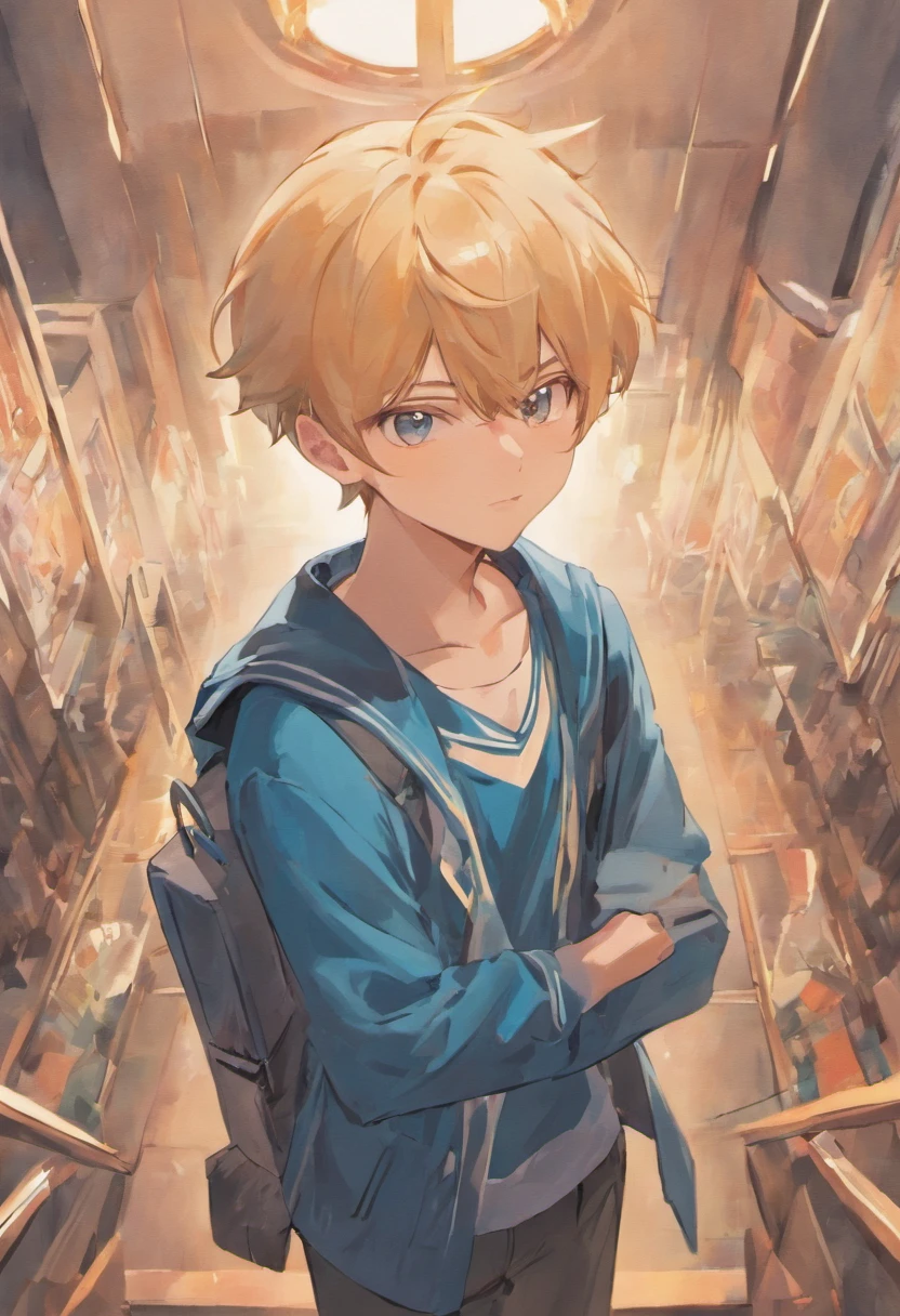 (artwork of a), Boy in school uniform, Exceptional quality, Detailed Japanese anime illustration, Elegant visuals in pastel tones, Pokémon style painting, fun, Colorful animated characters.