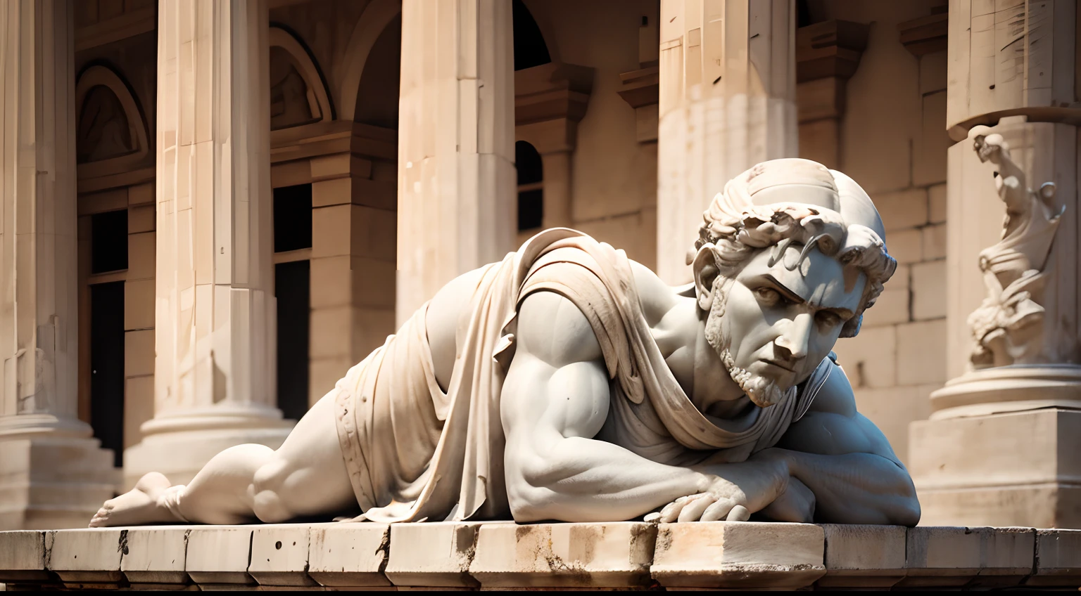 Ancient Greek statue with angry expression, outside, com rosto extremamente detalhado full body view, Colors with low saturation with dark tone, Filmado em Sony A7S III com Sony FE 35mm f/1.8, 12.1 MP, --AR 3:2 --estilo cru