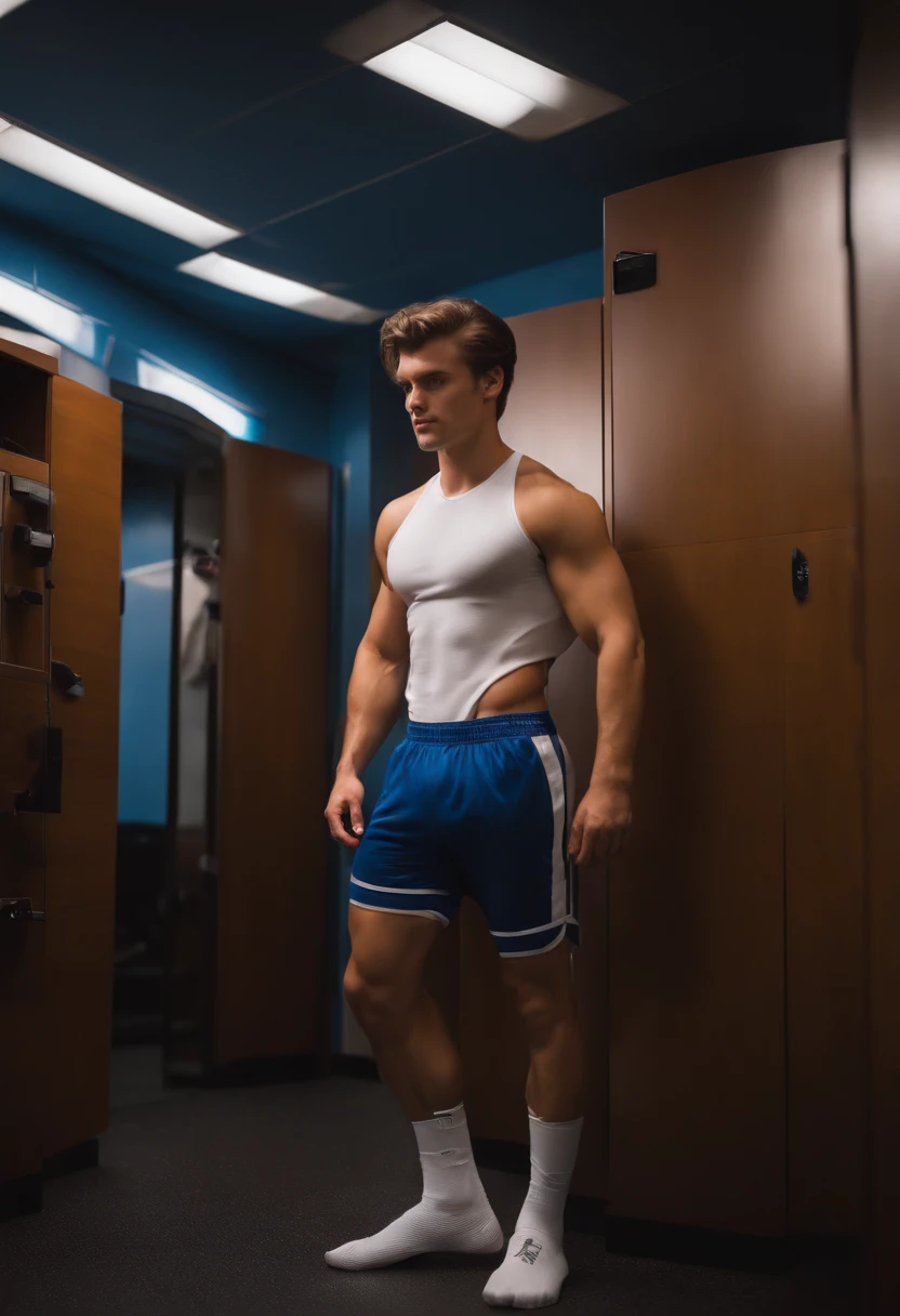 Abs handsome boy Panties Watch viewer Real 4K light and shadow Only transparent pants Sweaty brown shoulder length hair Blue eyes White socks Sexy man skinny body Homosexual physiological response Massive Strong erection, young, locker room,