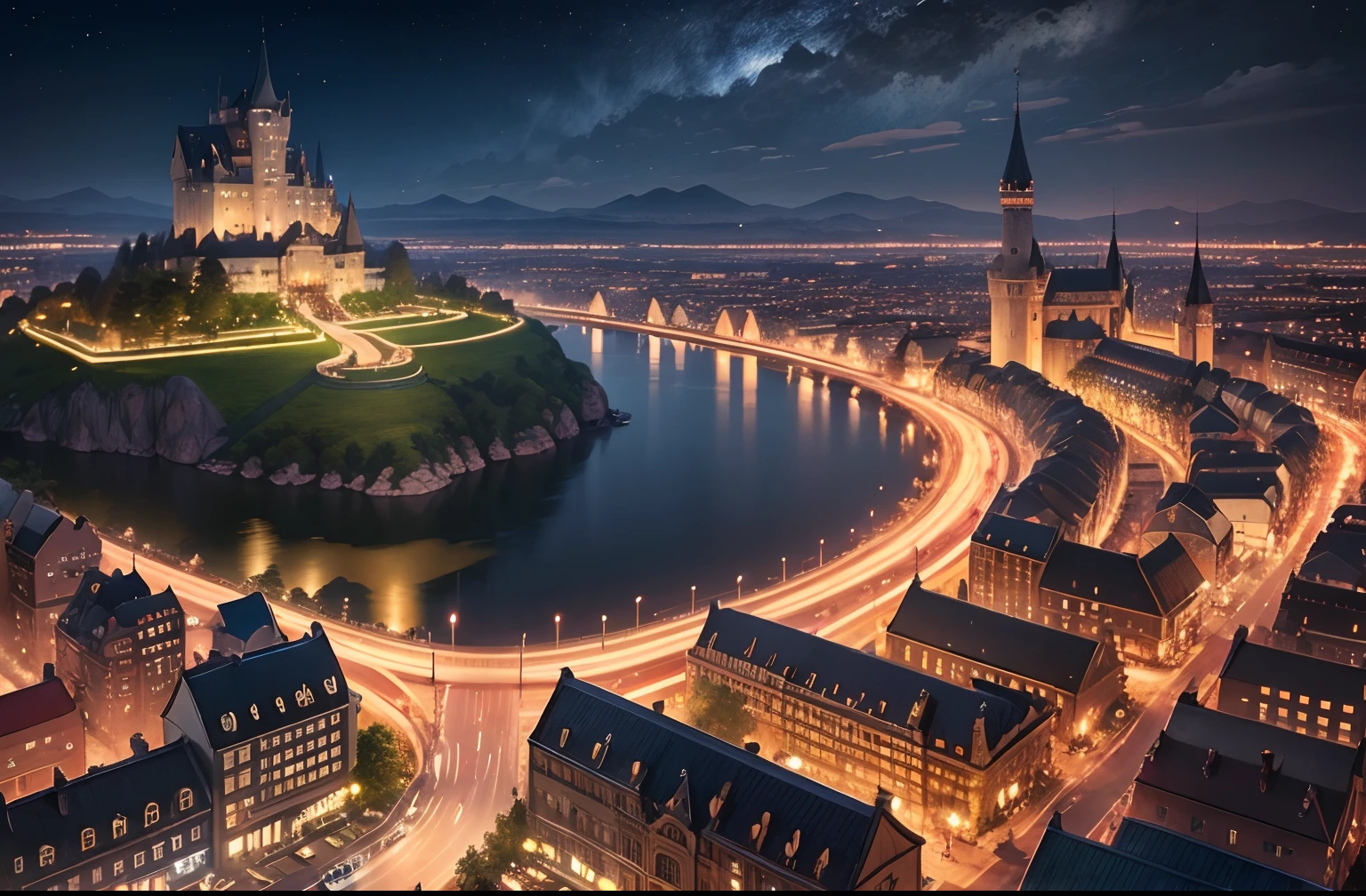 masutepiece, hight resolution, Best Quality, High quality, Fantastic night view of a castle town in another world, A bustling city, Ray tracing, dithering, Wide Shot, the panorama, concept-art