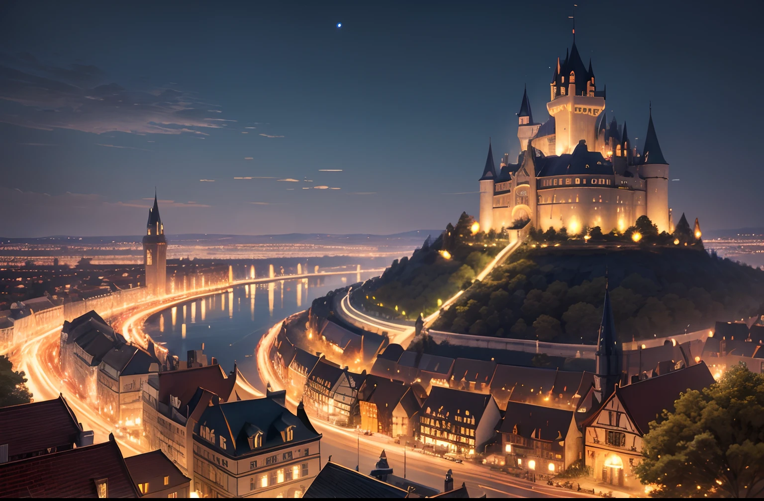 masutepiece, hight resolution, Best Quality, High quality, Fantastic night view of a castle town in another world, A bustling city, Ray tracing, dithering, Wide Shot, the panorama, concept-art