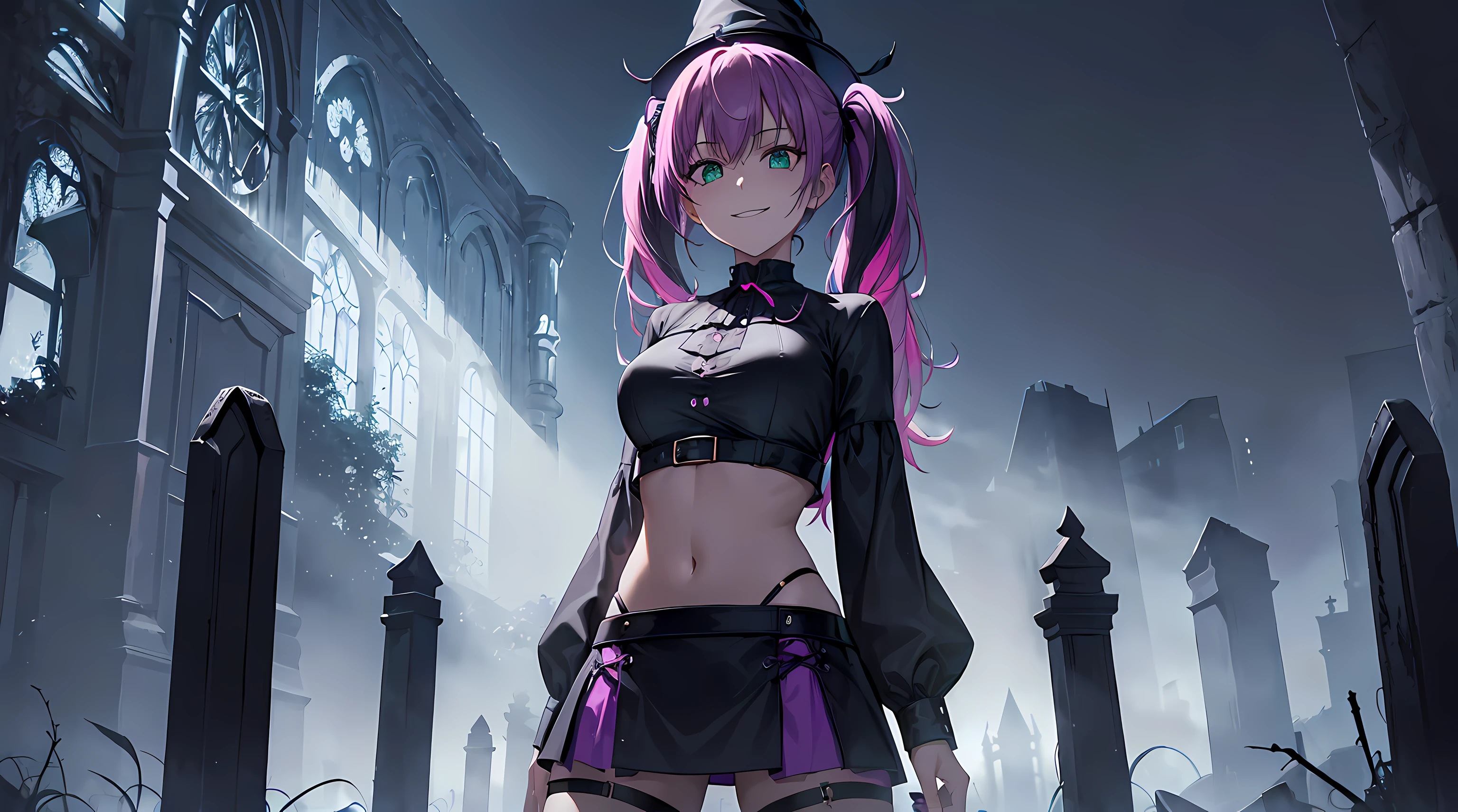 masterpiece, 1girl ((20year old, Witches Outfit, Black crop top shirt exposes navel, purple miniskirt, knee-high boots, edium breasts, multicolor pink hair, twin ponytails, green eyes, flirting, happy, big smile, witches hat, standing in a graveyard at night, scary and abandoned old Victorian styles homes, dark and spooky night atmosphere)), ((nighttime))