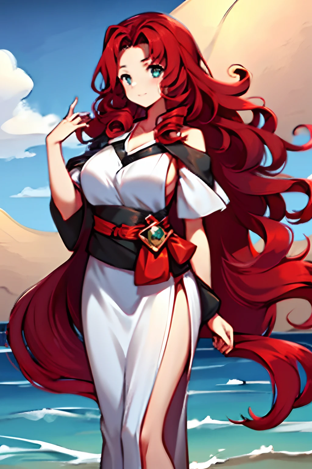 1girl，Curly hair in waves，Red hair