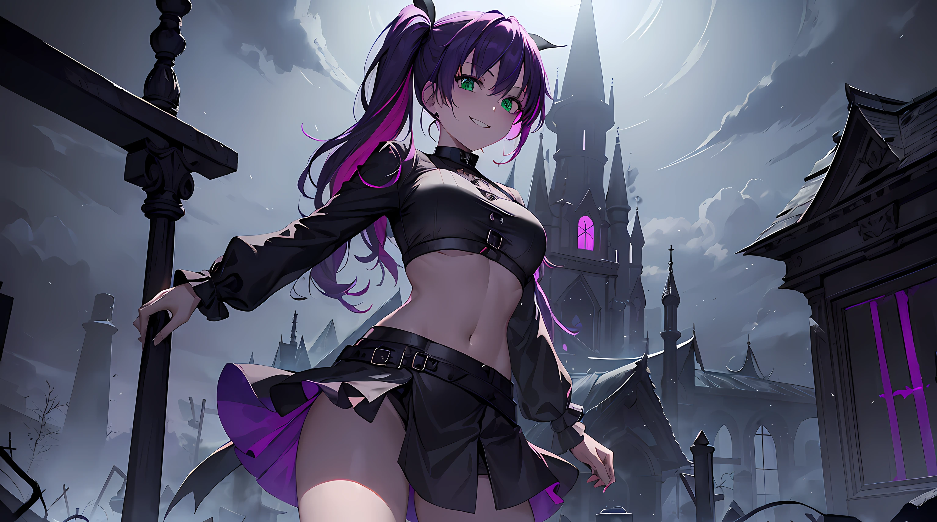 masterpiece, 1girl ((20year old, Witches Outfit, Black crop top shirt exposes navel, purple miniskirt, knee-high boots, edium breasts, multicolor pink hair, twin ponytails, green eyes, flirting, happy, big smile, witches hat, standing in a graveyard at night, scary and abandoned old Victorian styles homes, dark and spooky night atmosphere)), ((nighttime))
