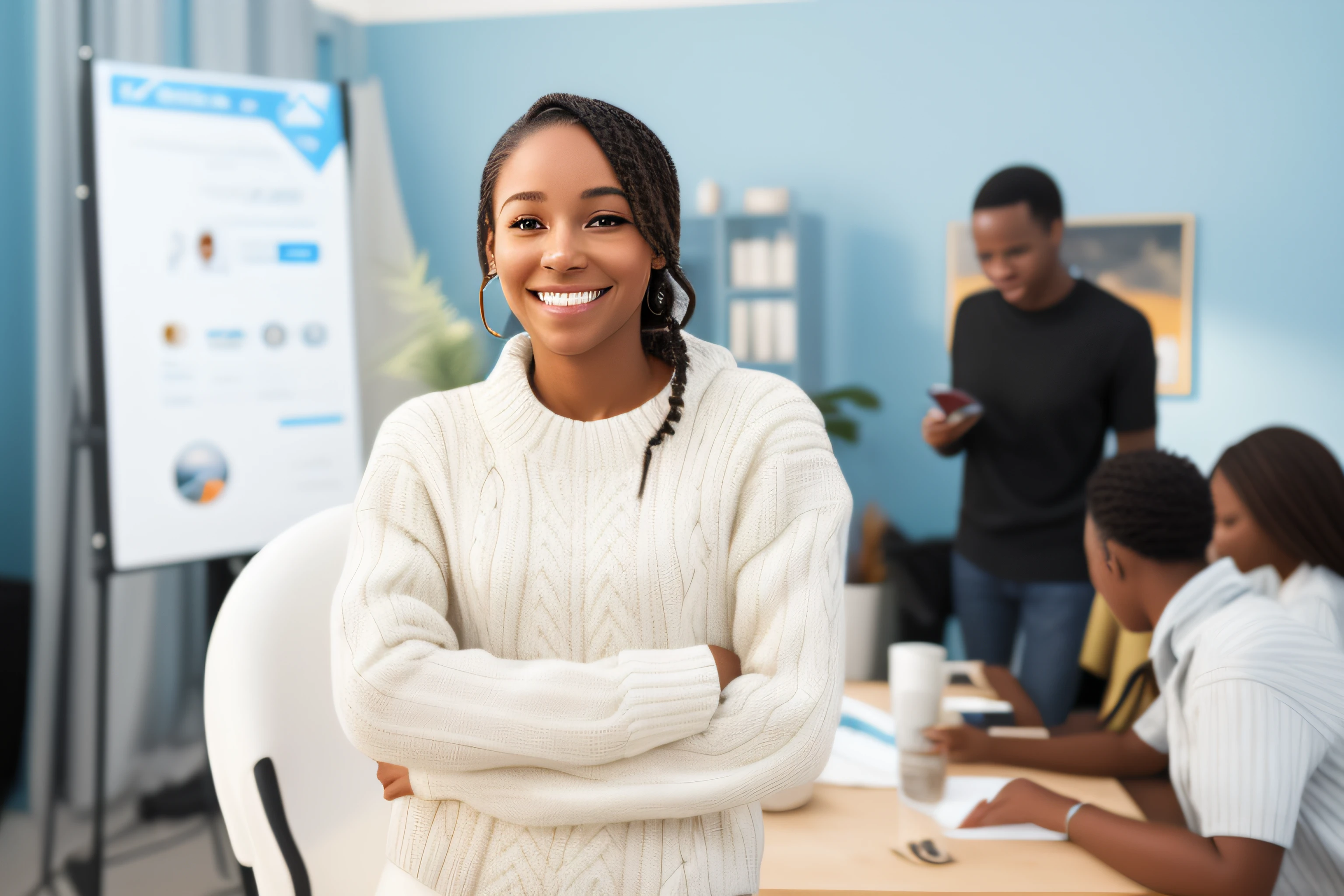 femme souriante en pull blanc debout devant un groupe de personnes, photo of a black woman, Jeune femme noire, african american young woman, Jeune femme noire, Photo of shoulders up, Photo de la jeune femme, Young businesswoman, une personne debout devant un, Photo tendance 2019, Jeune femme souriante, high quality portrait, Image professionnelle