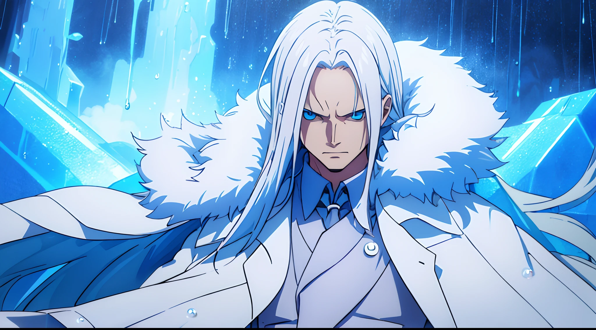 one man, wearing a white fluffy overcoat, blue light long hairs, blue eyes, raindrops