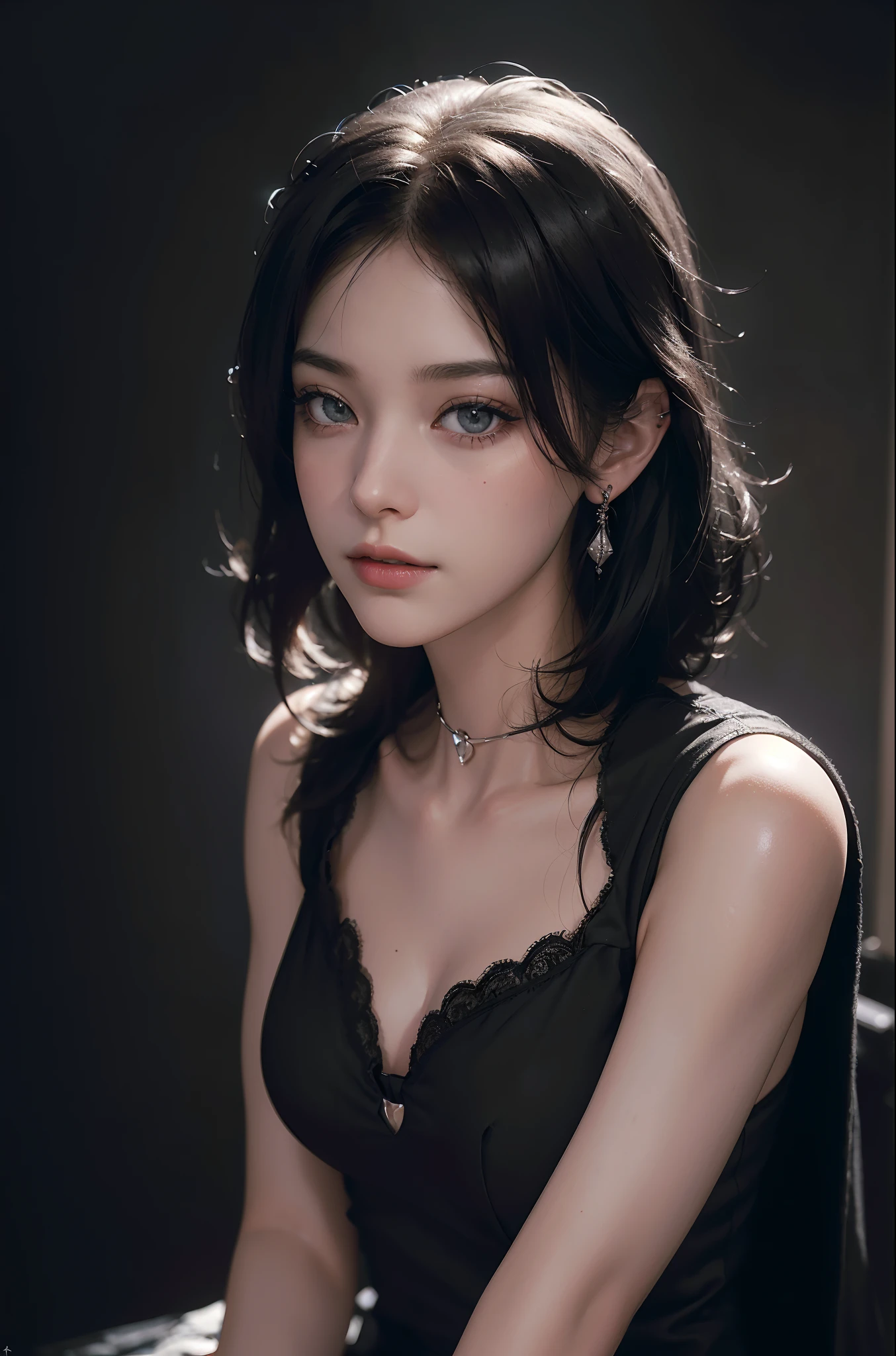 (RAW photo, Best quality), ((Nostalgia,1980s syle)),(Punk girl:1.2),(Realistic, photo-realistic:1.3), (a flat chest:1.3), (short detailed hair), Collar,Very pale skin,hyperdetailed face, Detailed lips,, Fine eyes, Double eyelids, Skinny Gothic clothing,(black t-shirts:1.5),gaming headphone, Extremely delicate and beautiful, Amazing, finedetail, Masterpiece, Ultra-detailed, A high resolution,Best Illustration, Best shadow,Intricate,Depth of field,(Close-up portrait of a young and beautiful maiden:1.2),Heterochromic pupils,((((low tune,Dark scene,Dimly lit)))),(((Soft lighting:1.4))),(Pale skin:1.4),(Shy smile),(Movie Angle),Sharp focus, volume fog, 8K UHD, Digital SLR, High quality,( filmgrain:1.4), Fujifilm XT3,(view the viewer), Pale skin,Sit Pose