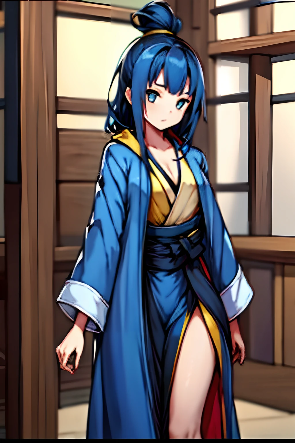 1girl，blue hair，Dull yellow robe