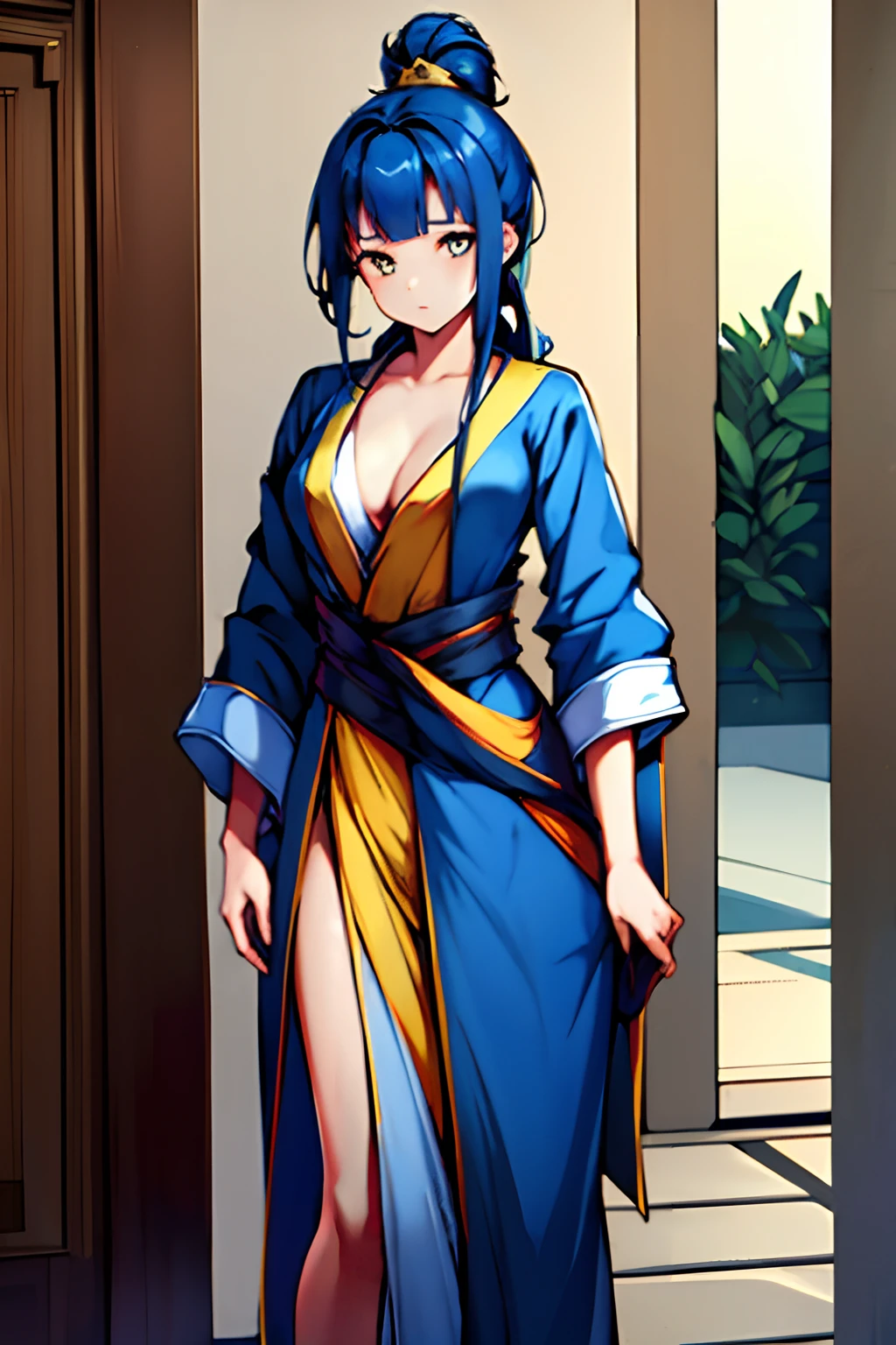 1girl，blue hair，Dull yellow robe