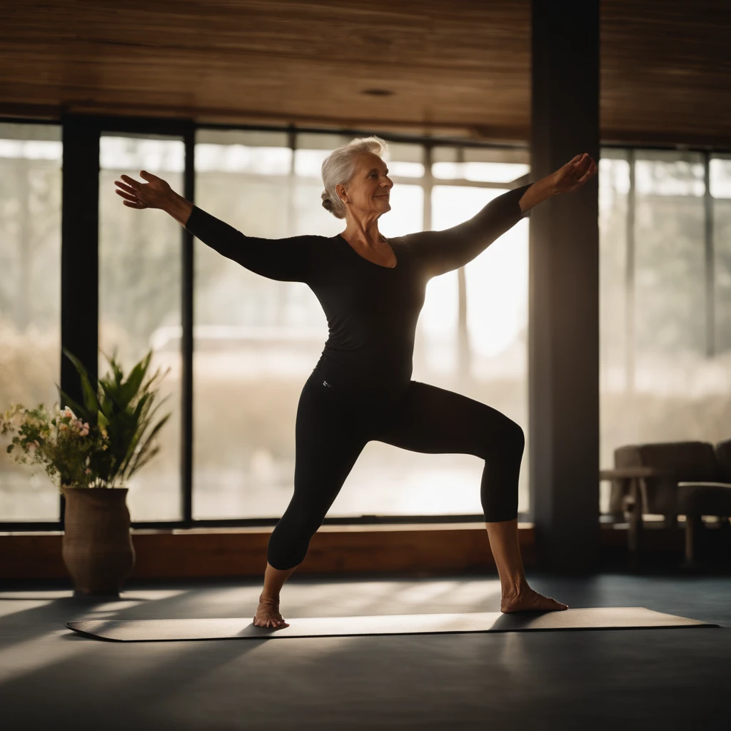 An ultra-realistic image of a woman over 50, radiating confidence and strength. The woman is in yoga position Virabhadrasana 2. The image should convey a sense of positivity, independence and self-love.
  This image should inspire and motivate women of all ages to embrace their age and celebrate their well-being.