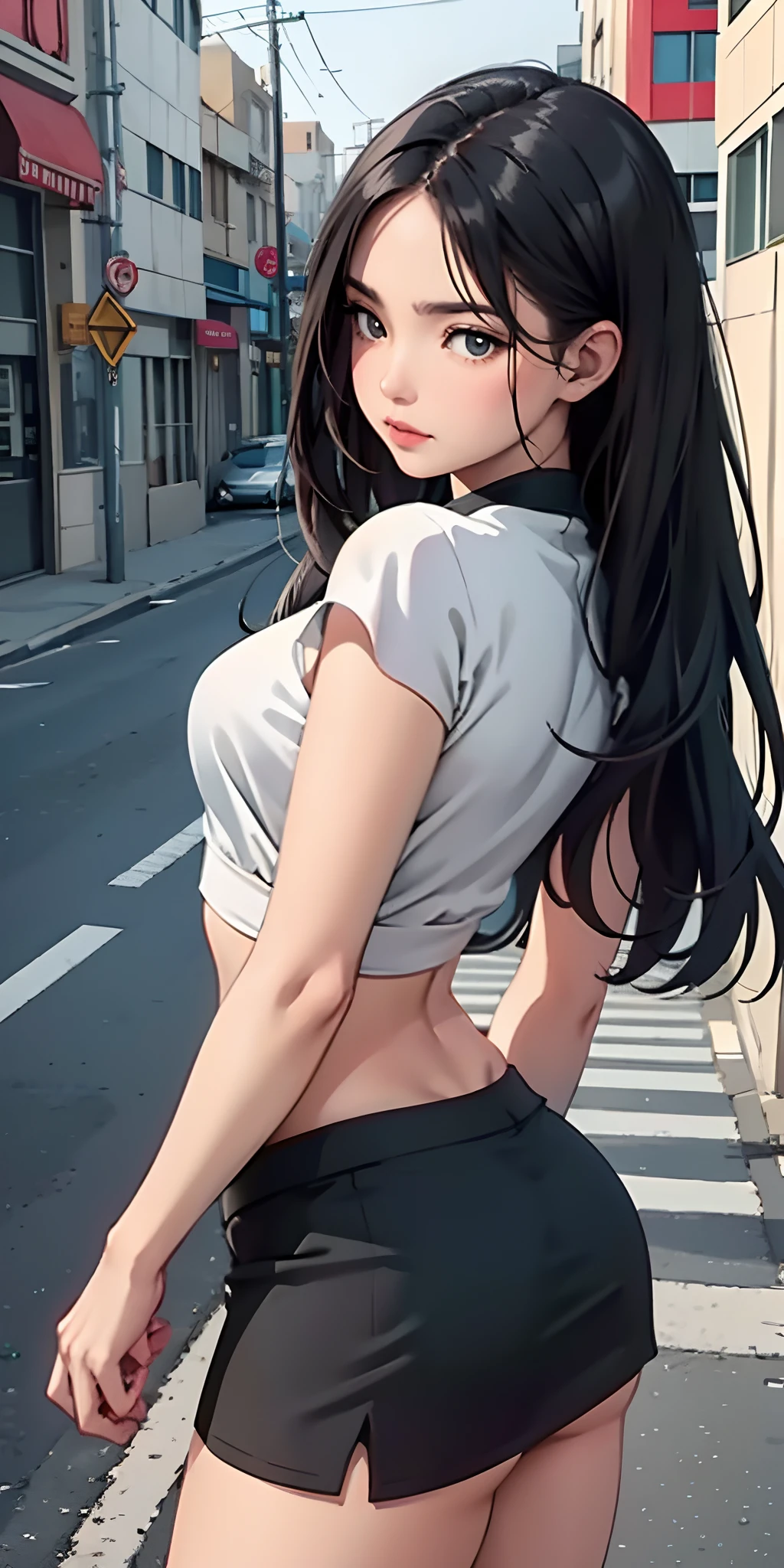Best Quality, Beautiful Woman, curved, Cropped Top, miniskirt, City streets, Anime realism, Soft tones, Clean lines, perfect illustration