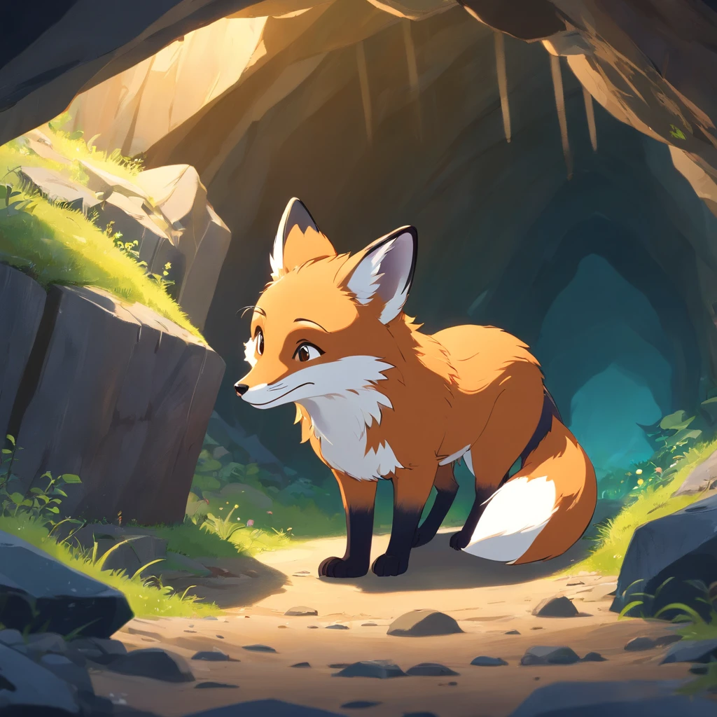 Adorable fox in pixar movie style, cinematic lighthing, Depth detection, hiper details, 8k, in a cave