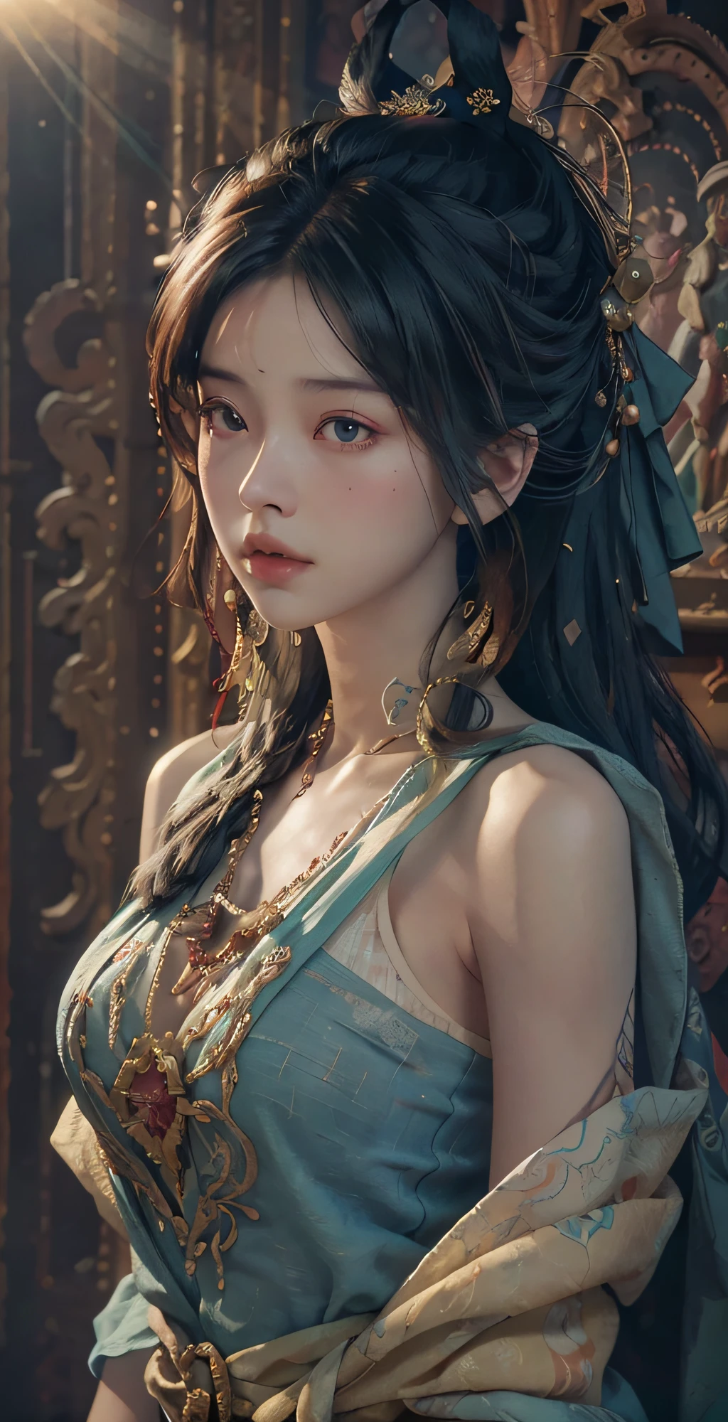 nsfw,(RAW photo, best quality),(realistic, photo-realistic:1.3),best quality,highly detailed,masterpiece,ultra-detailed,illustration,1girl,upper_body,dynamic angle,world masterpiece theater,messy_long_hair,best quality,extremely detailed CG unity 8k wallpaper,ink,Amazing,cinematic lighting,lens_flare,dunhuang_style,