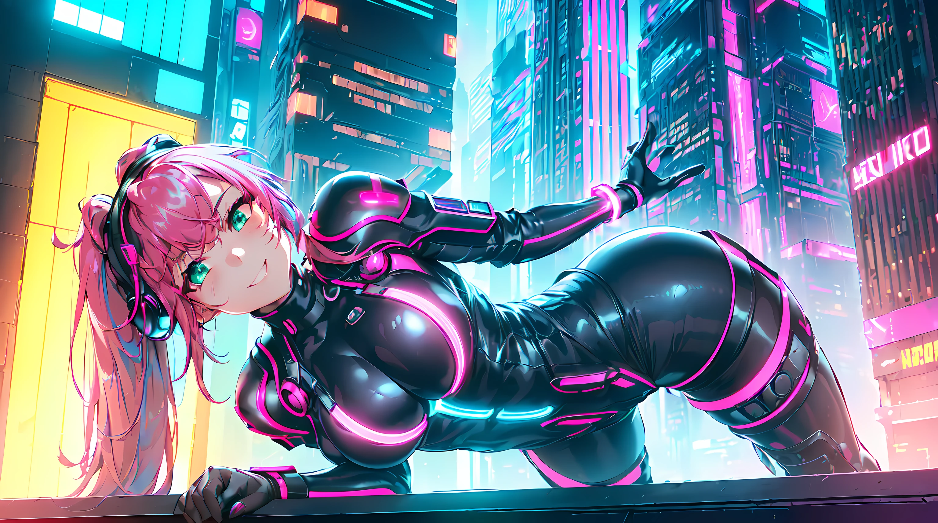 ​masterpiece, 1girl ((20year old, futuristic bodysuit armor, knee-high boots, medium breasts, multicolor pink hair, twin ponytails, green eyes, flirting, happy, big smile, headphones,  standing in the street of a SCI-FI futuristic and modern street, neon lights and towering skyscrapers, futuristic and energetic atmosphere)) ((nighttime))