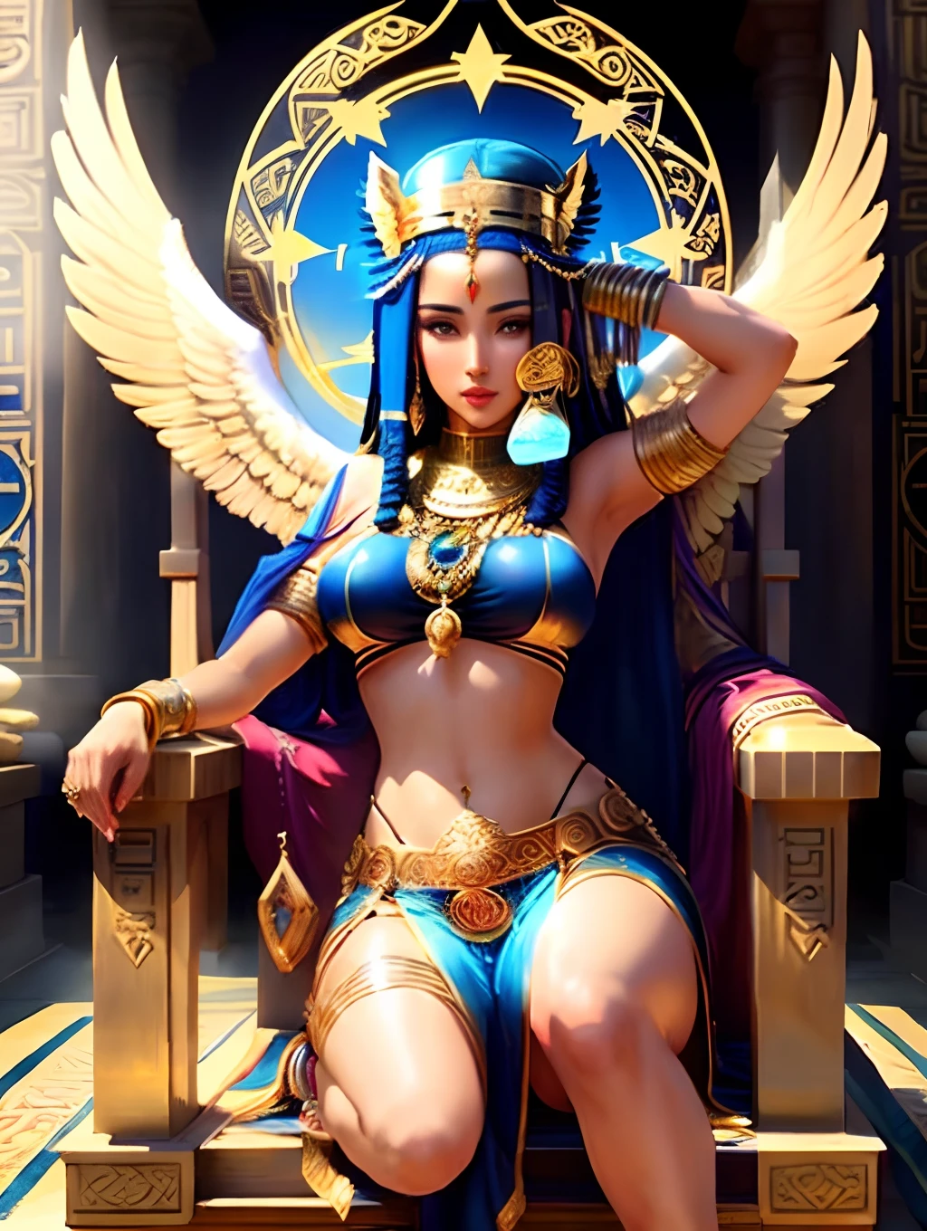 Menina de pele parda, (Pharaoh of Egypt), cleopatrah, sexy, ecchi hentai Nicki Minaj como noiva , (half lies on the golden sofa, deitado de lado),  golden egyptian dress , Vestido Deep V Open Crotch , meio arrastado, fully exposed her breasts,  grandes seios brilhantes expostos, Quase nua, franja morena,  barriga aberta, pernas abertas, ombros abertos, Egyptian striped scarf,  orgulhoso, majestoso, (8k, Foto RAW, Realistic: 1.25), (Lip gloss, extremely high quality, ultra-high resolution, profundidade de campo, chromatic aberration) looking up at the audience, colar de ouro, arousal, pose sexy, corpo inteiro,  calcinha transparente pura, roupa de enfermeira transparente, Visible, Breasts Visible, perfect hands, perfect feets, quadris grandes, Corpo Perfeito, onda de vapor, SFW