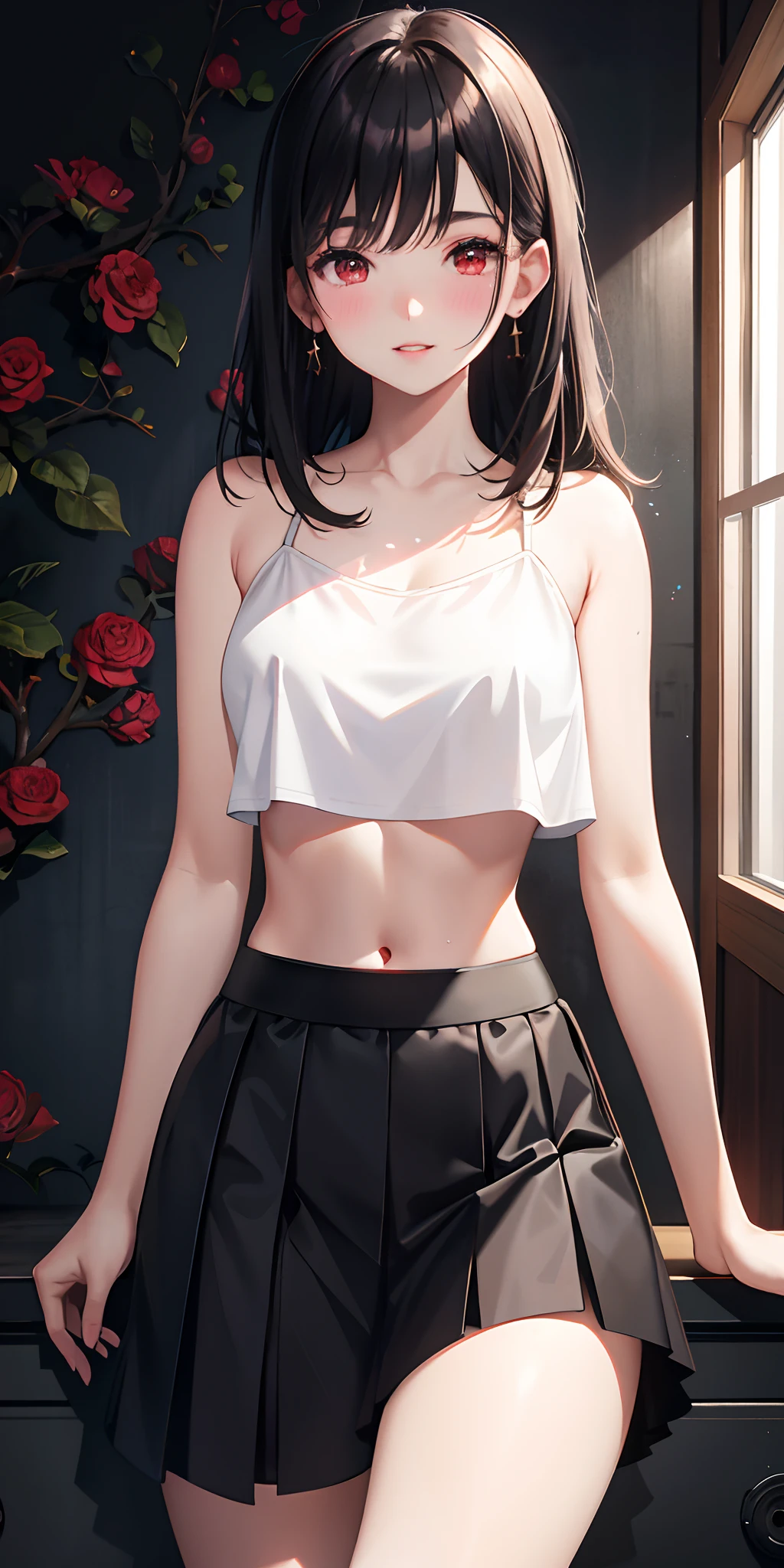 Realistic, 1girl, lush hair, purple eyes, glowing eyes, cropped top, skirt, bare shoulders, parted lips, blush, night, flowers, sun, sunlight, (shows his panties), (lifts the skirt up with his hands), white skirt, short skirt, medium length hair, real, warm colors, white short dress, white clothes, light background color, daytime environment, bright color background, saudi, ocean, cute,