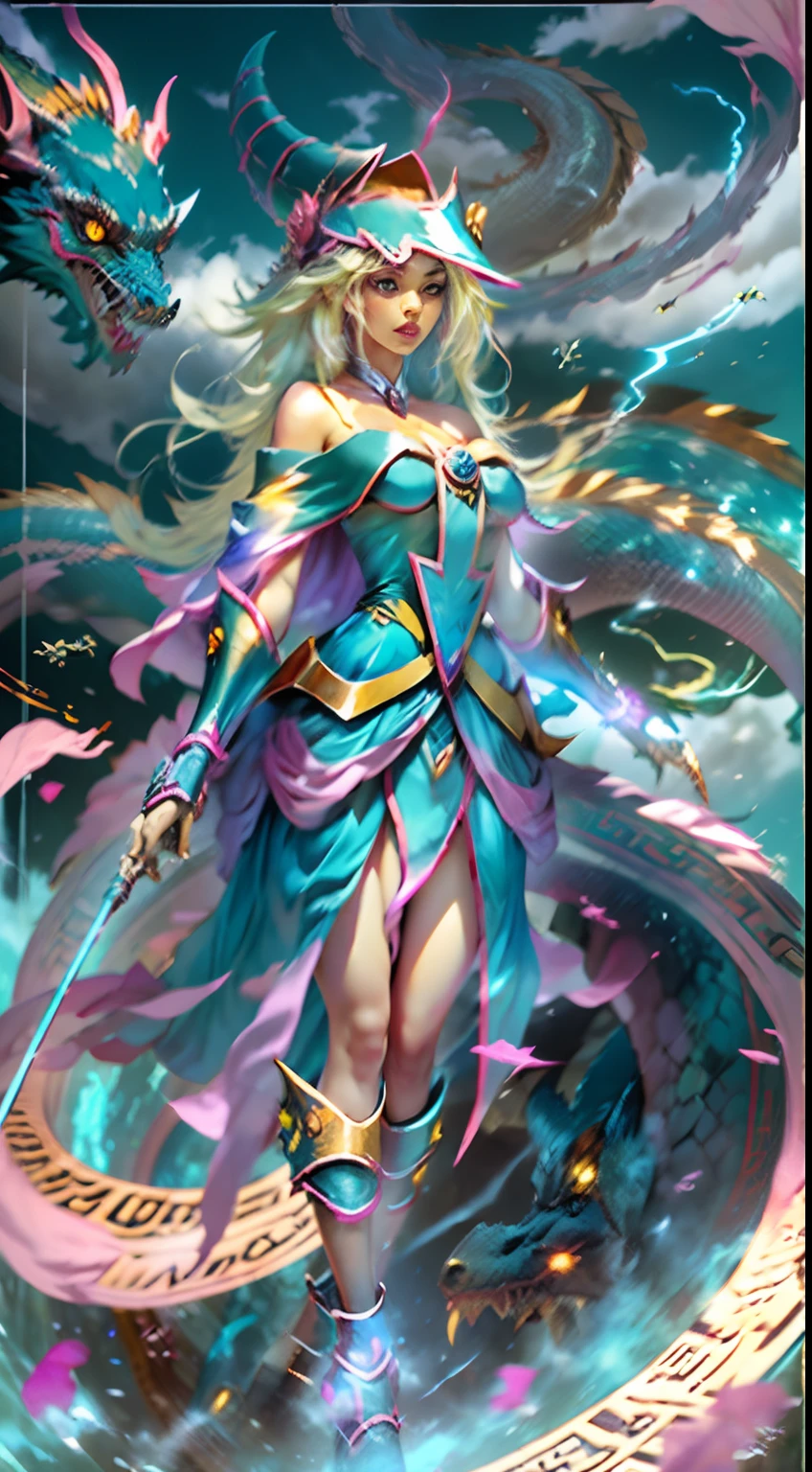 The White Dragon's blue eyes rose into the air(Dark magician girl manipulates the dragon:1.3),(The dark wizard girl has her back to the camera:1.3),Las nubes del cielo rodean los alrededores,magia de luz,fantastic background,Significado de fondo,Ridiculous background,There are artistic overlays,cabello rubio, surrealismo, cinematic lighting, Trazado de rayos, Luz de Dios, Speed Line, view angle, hiper HD, obra maestra, La mejor calidad, Super detail, A high resolution, alta calidad,(vista lejana:1.3)Dark Mage manipulates a dragon