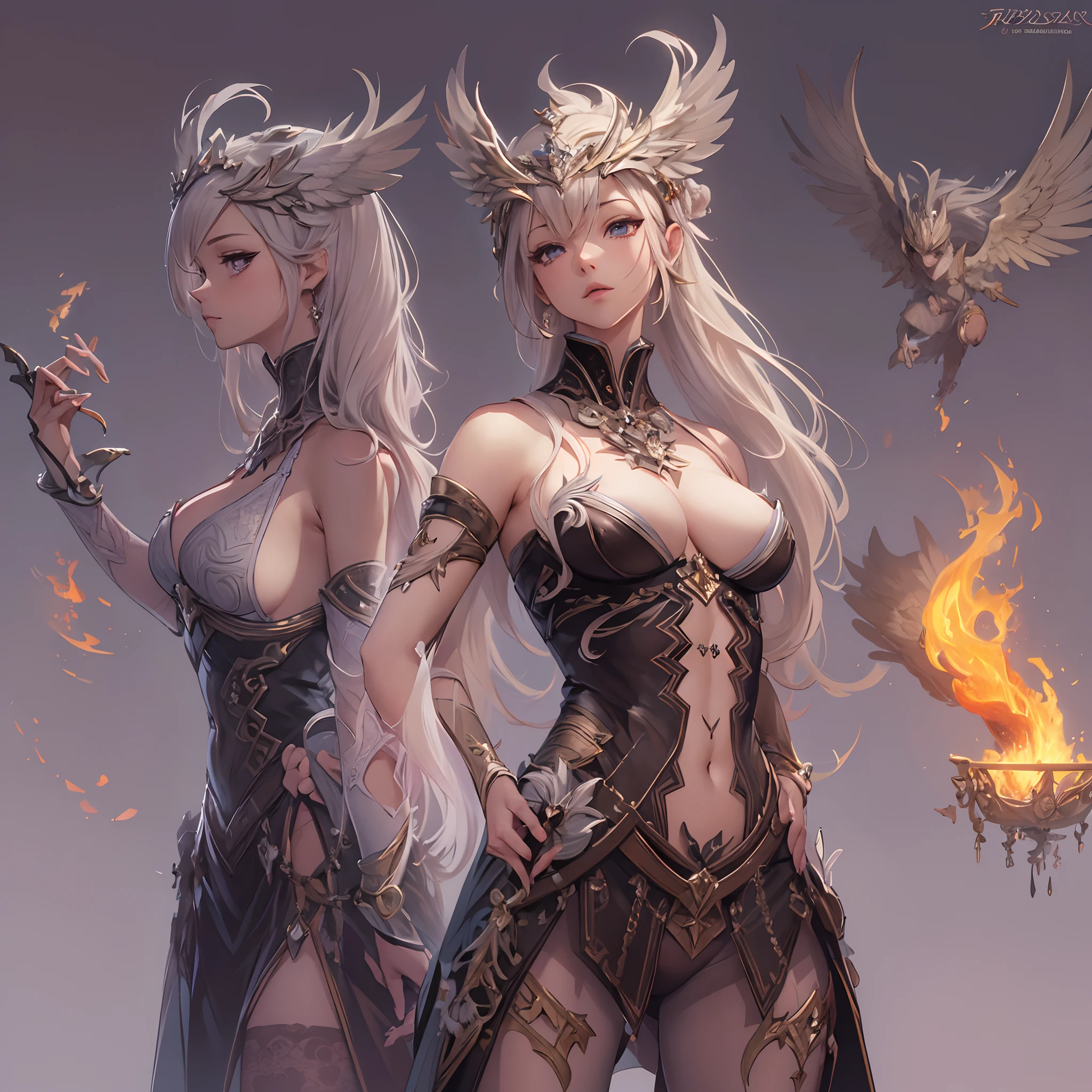 ((Masterpiece, Highest quality)), Detailed face, CharacterDesignSheet, full bodyesbian, Full of details, Multiple poses and expressions, Highly detailed, Depth, Many parts,Valkyrie,double-ponytail,estilo fantasia,Surrounded by flames,Extremely beautiful,High Balance, Natural light, Lace,lacepantyhose