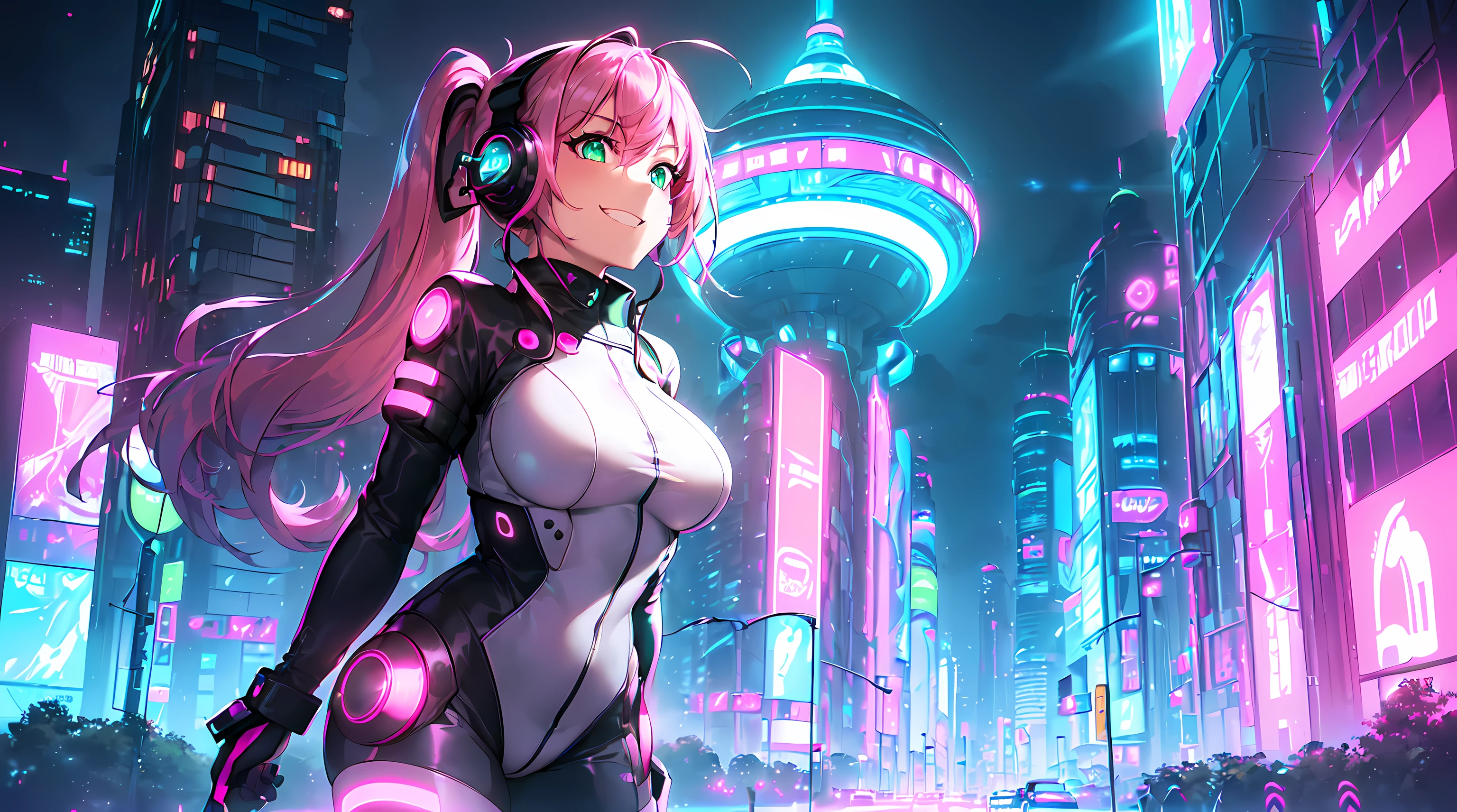 ​masterpiece, 1girl ((20year old, Black short sleeve hoodie exposes navel, tight blue jeans, medium breasts, multicolor pink hair, twin ponytails, green eyes, flirting, happy, big smile, headphones, walking in a street at night, very scary and abandoned graveyard with old Victorian styles homes, dark and spooky, creepy atmosphere))