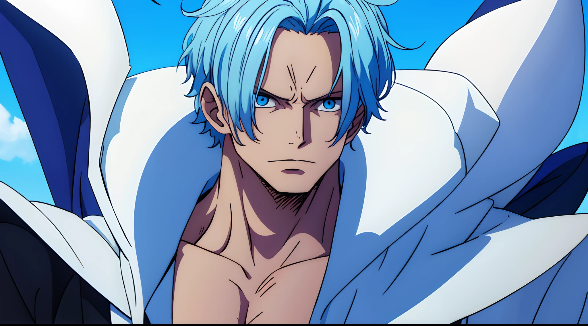 one man, wearing a white fluffy overcoat, blue hairs, blue eyes
