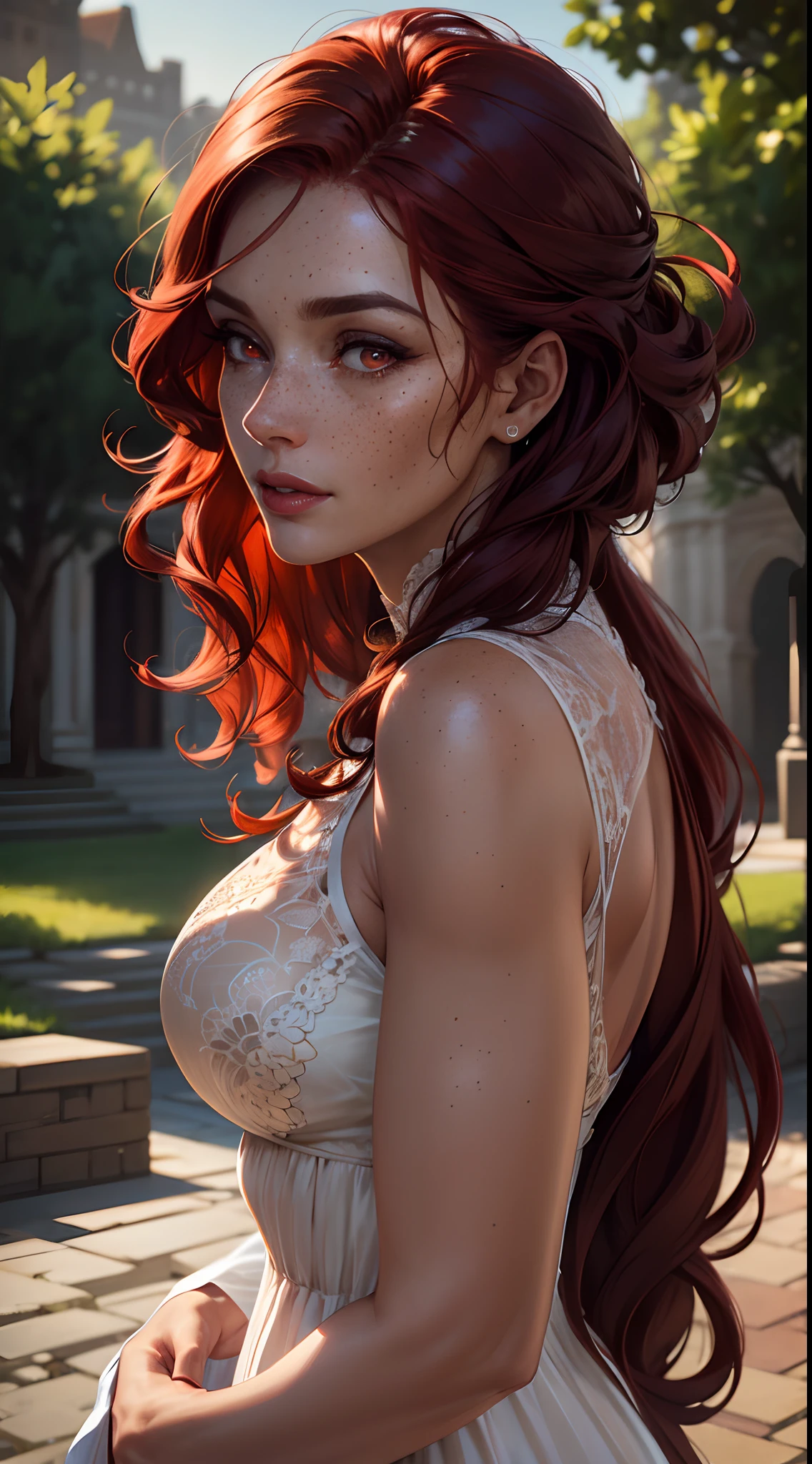 (Detailed face features:1.3), (((1mature woman))), standing wearing a long dress looking up, (close-up photo, face picture), (side view:1.4), (dynamic pose, face photo, 16k, masterpiece, best quality: 1.2), (high detailed skin), (curly red hair), ((freckles, red eyes, detailed lips)), slim, automatic white balance, (ultra realism, hyper detailed and intricate realism: 1.3), (wide depth of field, radiant mapping: 1.2), High dynamic range, vivid, rich details, clear shadows and highlights, realistic, intense, enhanced contrast, clear outdoor,