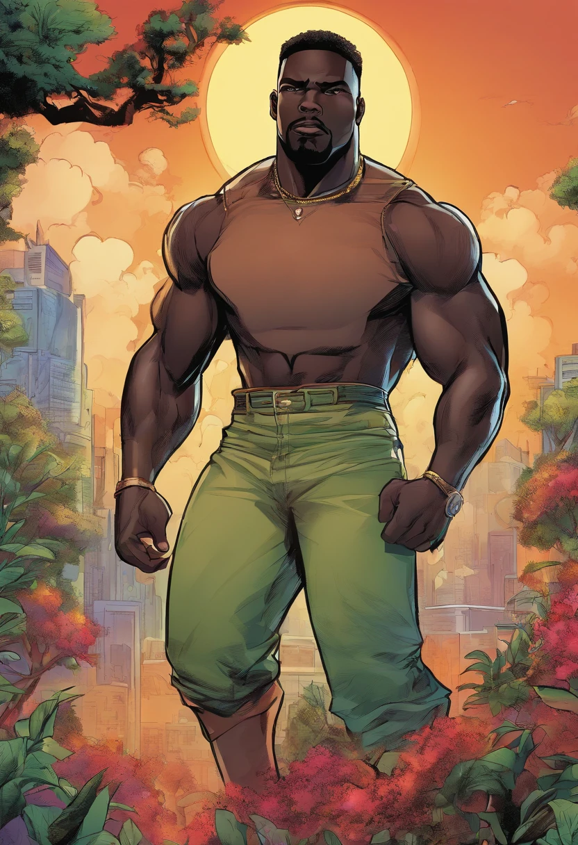 Personagem de desenho animado de homem negro de 38 anos, altura de 1,75, cabelo preto raspado, olhos negros, Dress with white t-shirt and black military pants. Imagem de fundo paisagem de floresta.