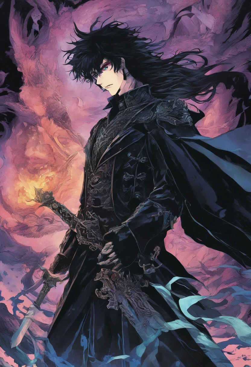 Homem de cabelo longo preto, cabelo preto, Cabelos longos amarrados, com um olho azul brilhante com veias negras, Use uma jaqueta preta longa, Like a blood hunter, Nas costas, ele carrega uma espada, He is engulfed in flames and is fighting various monsters of the night., encarnando uma dura batalha para proteger Barovia e seus habitantes. Anime dos anos 80 ainda, retro fashion, Dungeon and Dragons Personagem Dark Fantasy Arte Digital Muted Pastel Colors, muted retro colors, CRT TV Screen por Tsukasa Hojo e Toshihiro Kawamoto -