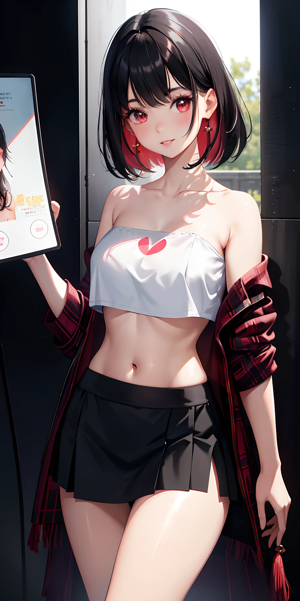 1girl, parted lips, blush, makeup, light smile, black hair, red eyes, crop top, ((topless)), skirt, light rays, glow, thighs, collarbone, narrow waist, (masterpiece), wallpaper,nsfw,