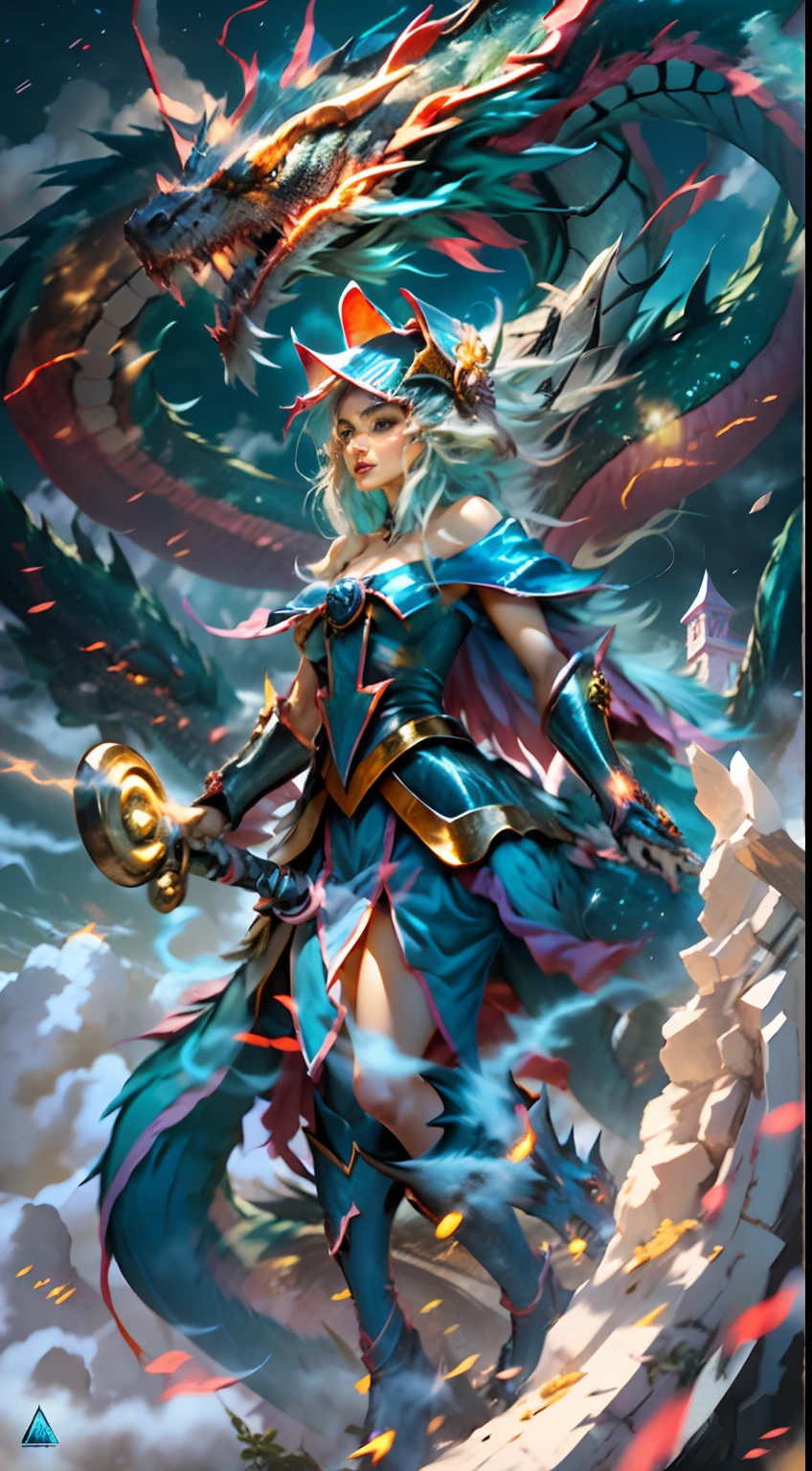 The White Dragon's blue eyes rose into the air(Dark magician girl manipulates the dragon:1.3),(The dark wizard girl has her back to the camera:1.3),Las nubes del cielo rodean los alrededores,magia de luz,fantastic background,Significado de fondo,Ridiculous background,There are artistic overlays,cabello rubio, surrealismo, cinematic lighting, Trazado de rayos, Luz de Dios, Speed Line, view angle, hiper HD, obra maestra, La mejor calidad, Super detail, A high resolution, alta calidad,(vista lejana:1.3)Dark Mage manipulates a dragon