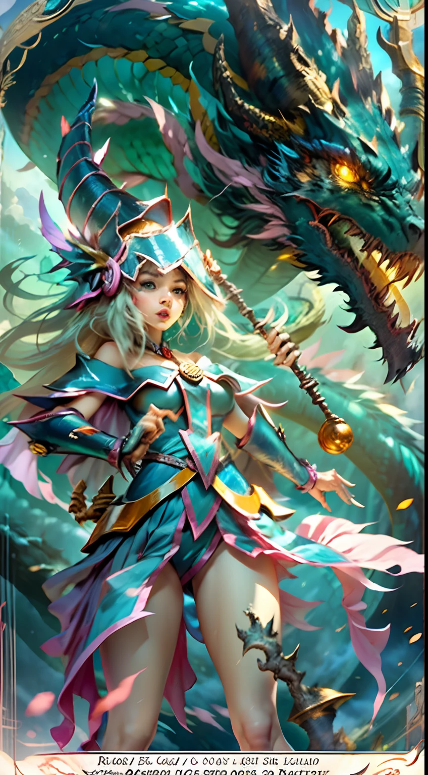 The White Dragon's blue eyes rose into the air(Dark magician girl manipulates the dragon:1.3),(The dark wizard girl has her back to the camera:1.3),Las nubes del cielo rodean los alrededores,magia de luz,fantastic background,Significado de fondo,Ridiculous background,There are artistic overlays,cabello rubio, surrealismo, cinematic lighting, Trazado de rayos, Luz de Dios, Speed Line, view angle, hiper HD, obra maestra, La mejor calidad, Super detail, A high resolution, alta calidad,(vista lejana:1.3)Dark Mage manipulates a dragon