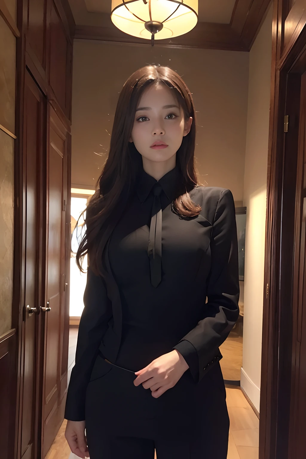 (Front focus)、(dark: 1.6)、Hyperrealist female portrait by David Hockney and Alphonse Mucha、Fantasy Art、photoRealstic、Dynamic Lighting、art stations、poster for、Volume Lighting、extra detailed face、4 K、Award-winning、 、1人、in the darkness nigth、deep-shadows、lowkey、cowboy shot、(formal outfit:1.4)、Long、Light brown gradient hair