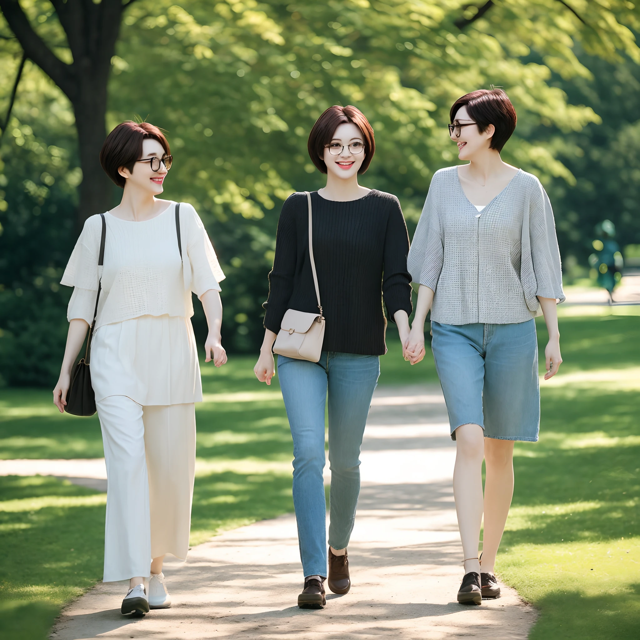 Beautiful woman with short hair glasses strolling in the park