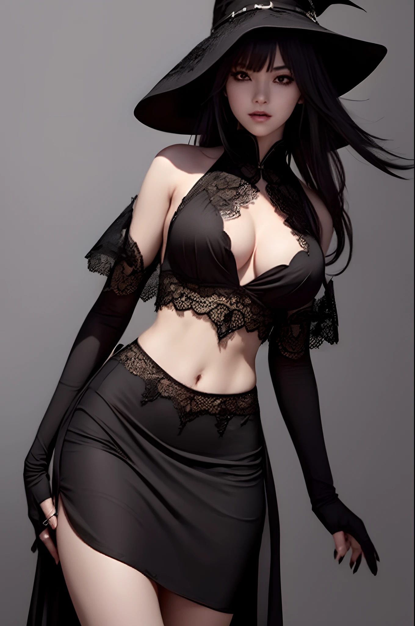 The Witch in the Black Hat (beste-Qualit), (Masterpiece quality), Average Breasts, Detailed and detailed anatomy, Detailed body, shapely body, handsome body, Perfect body proportions, A perfect chest, perfect figure, sexypose, Curved body, Fewer details, Simple lines, Simple background, Dark background. dark witch character, black - haired mage, guweiz on artstation pixiv, guweiz on pixiv artstation, fashionable dark witch, artwork in the style of guweiz, in style of dark fantasy art, trending on artstation pixiv, epic exquisite character art