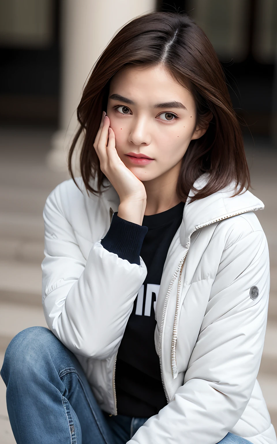 19 year old girl, top quality, masterpiece, (realistic: 1.2), 1 girl, brown hair, brown eyes, front face and chest details, beautiful eyes, small breasts white jacket, jeans, fashion, small head, fashion girl, wrinkled t-shirt, covering hair, hands in pocketsreal face, realistic face, realistic skin, rough skin