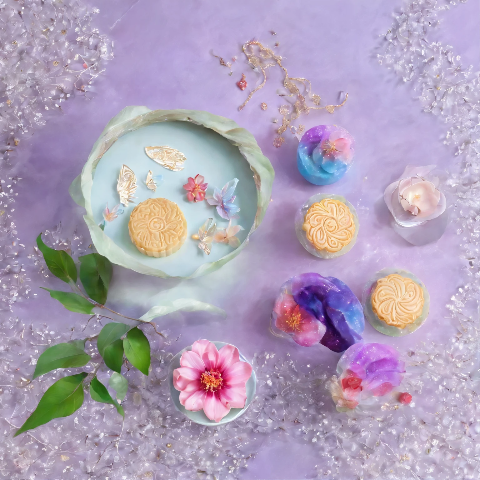 （tarot cards：1.5，rotary symmetrical），(tmasterpiece),（ultra - detailed：1.3），best qualtiy，（glittery:1.2），（dreamworld:1.4），((Crystal mooncakes，Ice skin mooncakes)),（The moon is empty），Crystal clear mooncakes，the night，Skysky，moon full，colored flowers，black tea，Cute little bunny、sweet osmanthus、Moon Sky，vibrant with colors，brightly，1.4x realism，Hyper-detailing，hyper HD，It is displayed in this beautiful scene，（The is very detailed，reasonable design，Clear lines，High- sharpness，tmasterpiece，offcial art，movie light effect，4K）