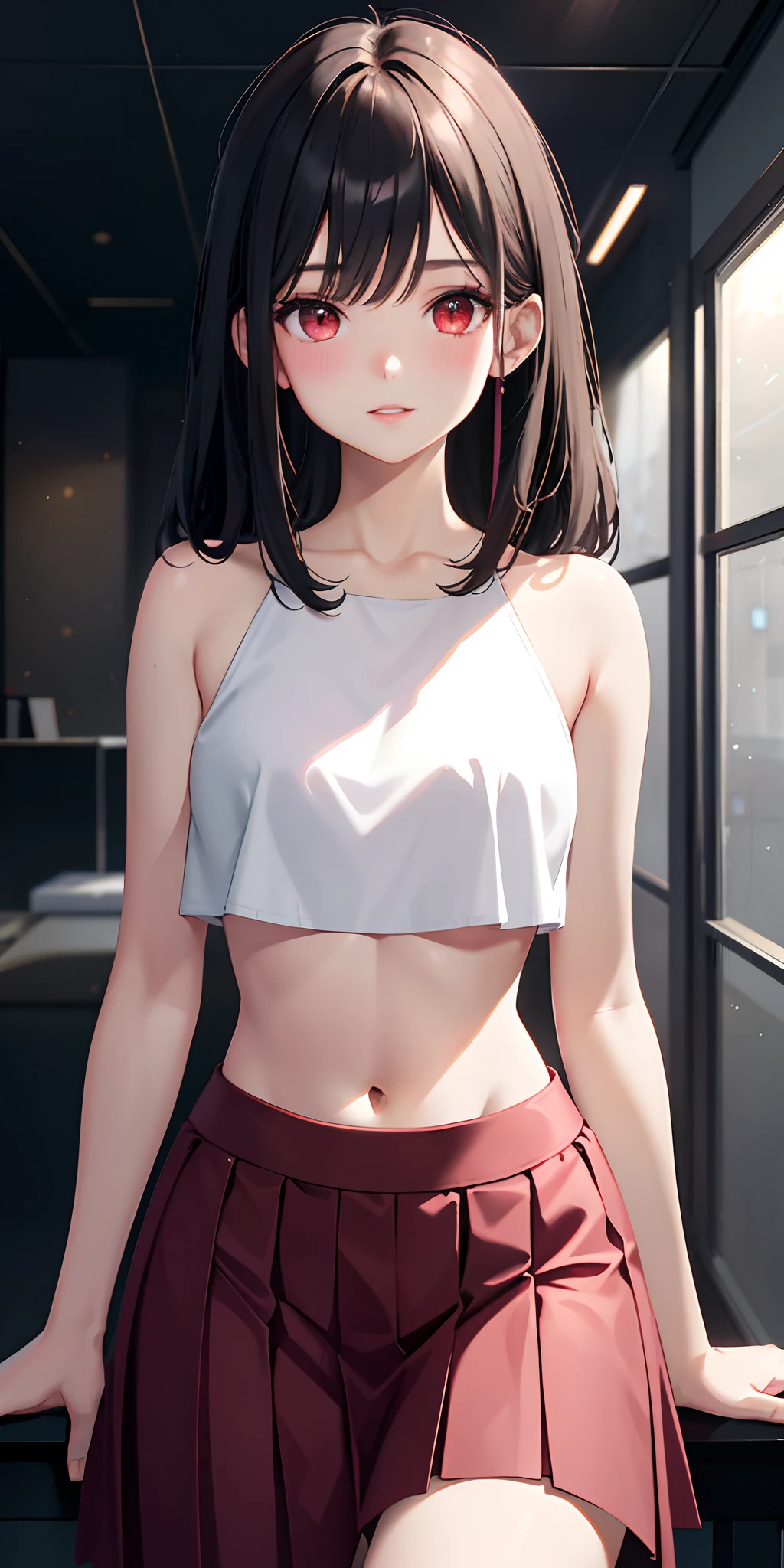 1 girl, open lips, blush, cosmetic, faint smile, black hair, red eyes, crop top, ((Shirtless)), skirt, light, glow, thigh, clavicle, Willow Yao, (masterpiece), wallpaper,national foundation,