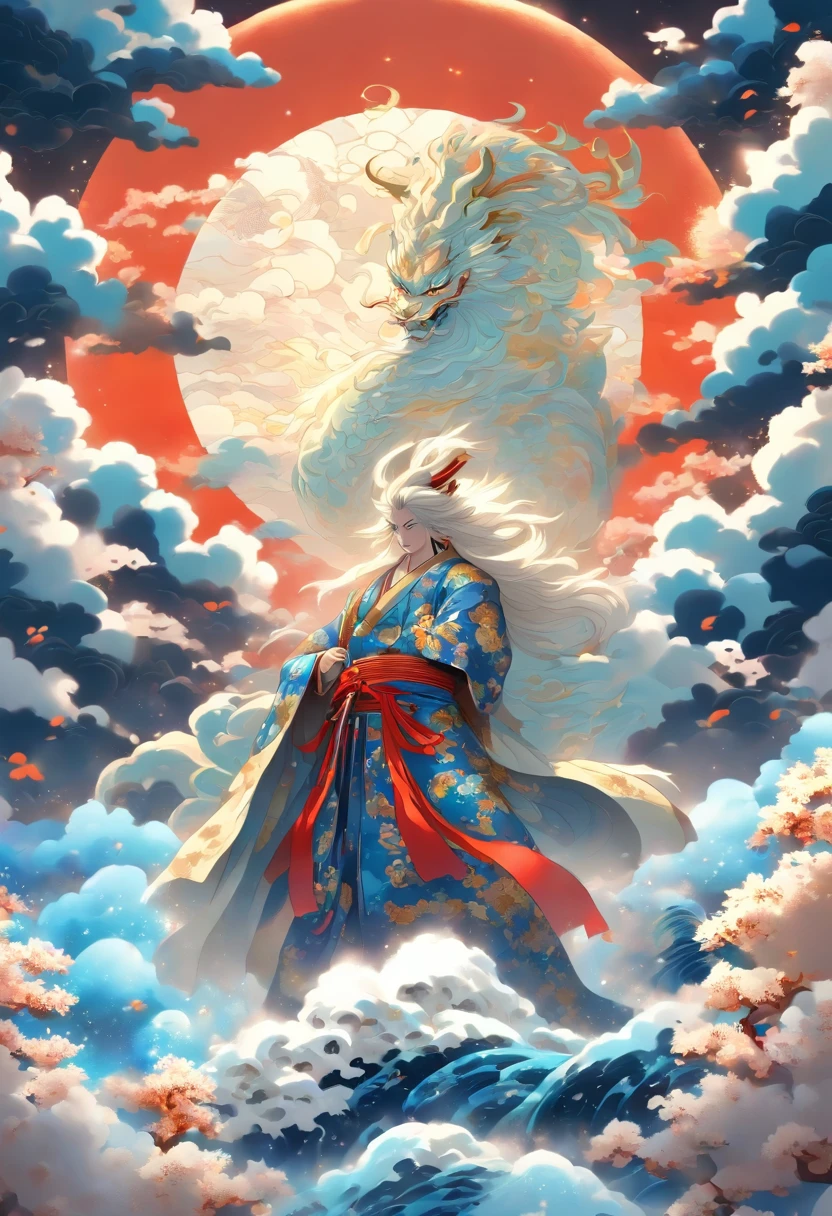 (((Japanese God))) best quality, ultra-high resolution, 4K detailed CG, masterpiece, TSUKUYOMI, Man, white clothes, blue clothes, clouds,Moon in the background, Japanese mythology, Japan, Shui Mo Hua, Chinese painting style, Thangka Style, aesthetics, beautiful image, depth of field, centered on canvas