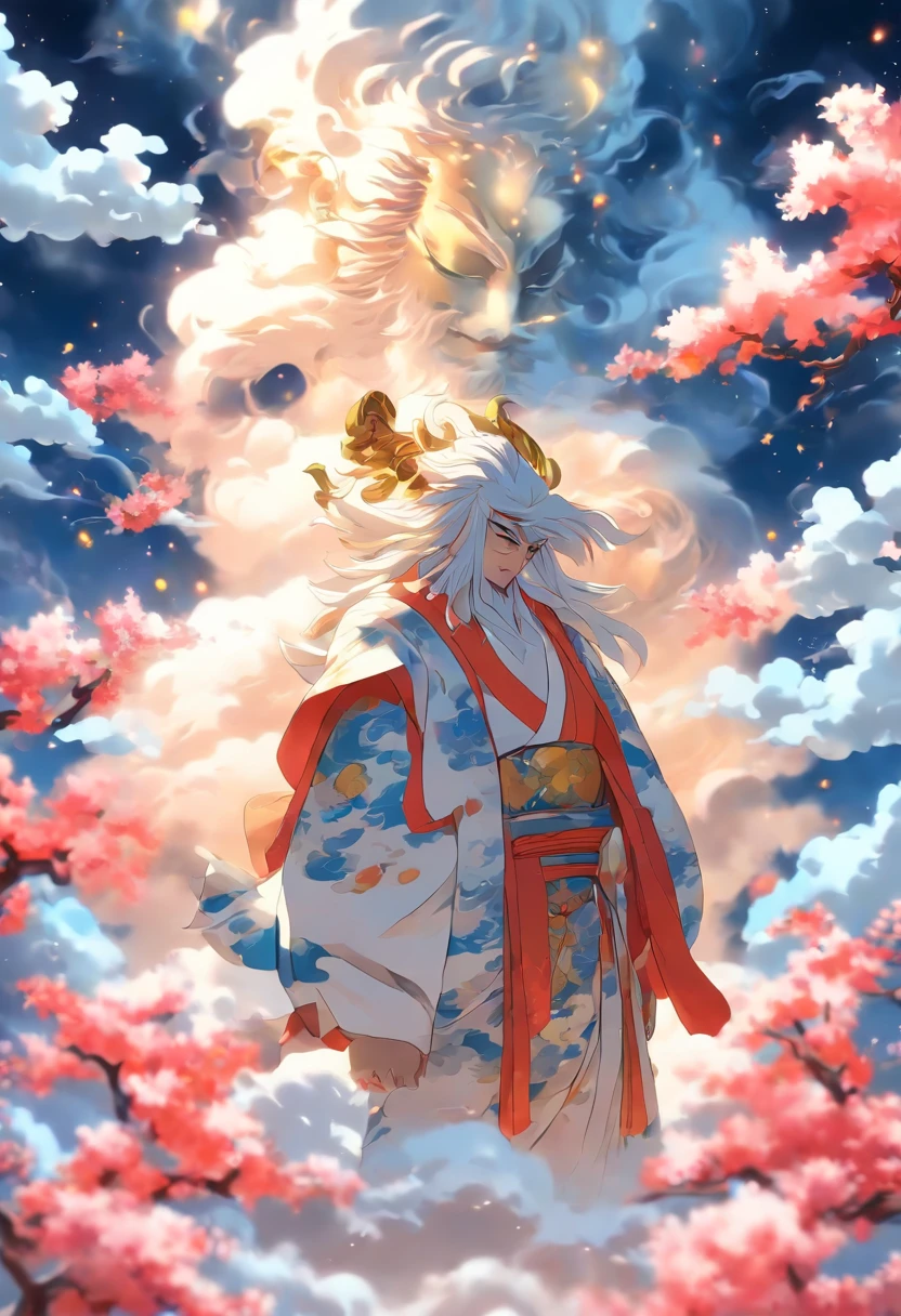 (((Japanese God))) best quality, ultra-high resolution, 4K detailed CG, masterpiece, TSUKUYOMI, Man, white clothes, blue clothes, clouds,Moon in the background, Japanese mythology, Japan, Shui Mo Hua, Chinese painting style, Thangka Style, aesthetics, beautiful image, depth of field, centered on canvas