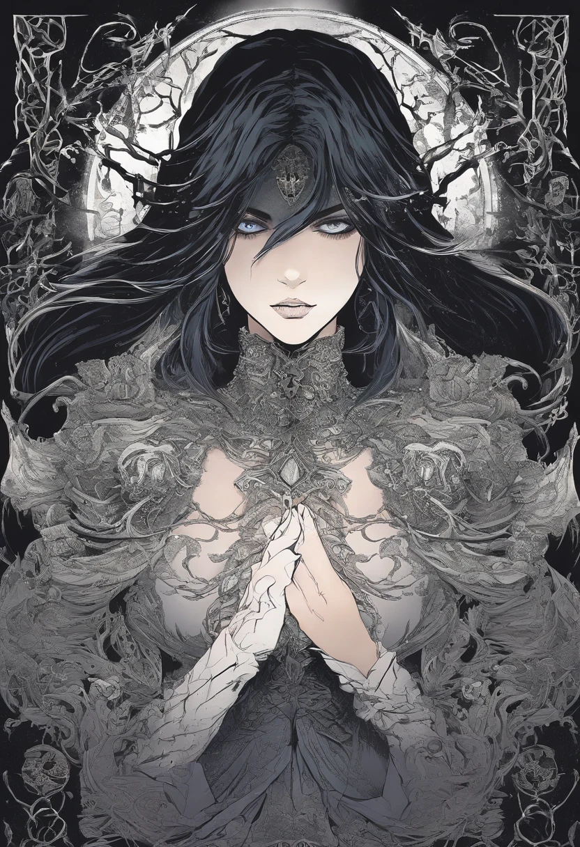 1 homem, adulto, bonito, homem, cabelos pretos, HOMEM, olhos finamente detalhados, retrato, olhando para o espectador, solo, rosto detalhado, (bloodborne horror), palido, black dark and rough leather clothes, gothic scenario, discretion, disguised, noite, sombras, mistborn, (dutch angle), boca fechada, pele branca palida, undead, renascido, revenant, olhos azuis brilhantes, olhos brilhantes, OLHOS BRILHANTES LUMINOSOS, homem de cabelo longo preto, cabelo preto, Cabelos longos amarrados, com um olho azul brilhante com veias negras, Use uma jaqueta preta longa, Like a blood hunter, Nas costas, ele carrega uma espada, He is engulfed in flames and is fighting various monsters of the night., encarnando uma dura batalha para proteger Barovia e seus habitantes. Anime dos anos 80 ainda, retro fashion, Dungeon and Dragons Personagem Dark Fantasy Arte Digital Muted Pastel Colors, muted retro colors, CRT TV Screen por Tsukasa Hojo e Toshihiro Kawamoto -