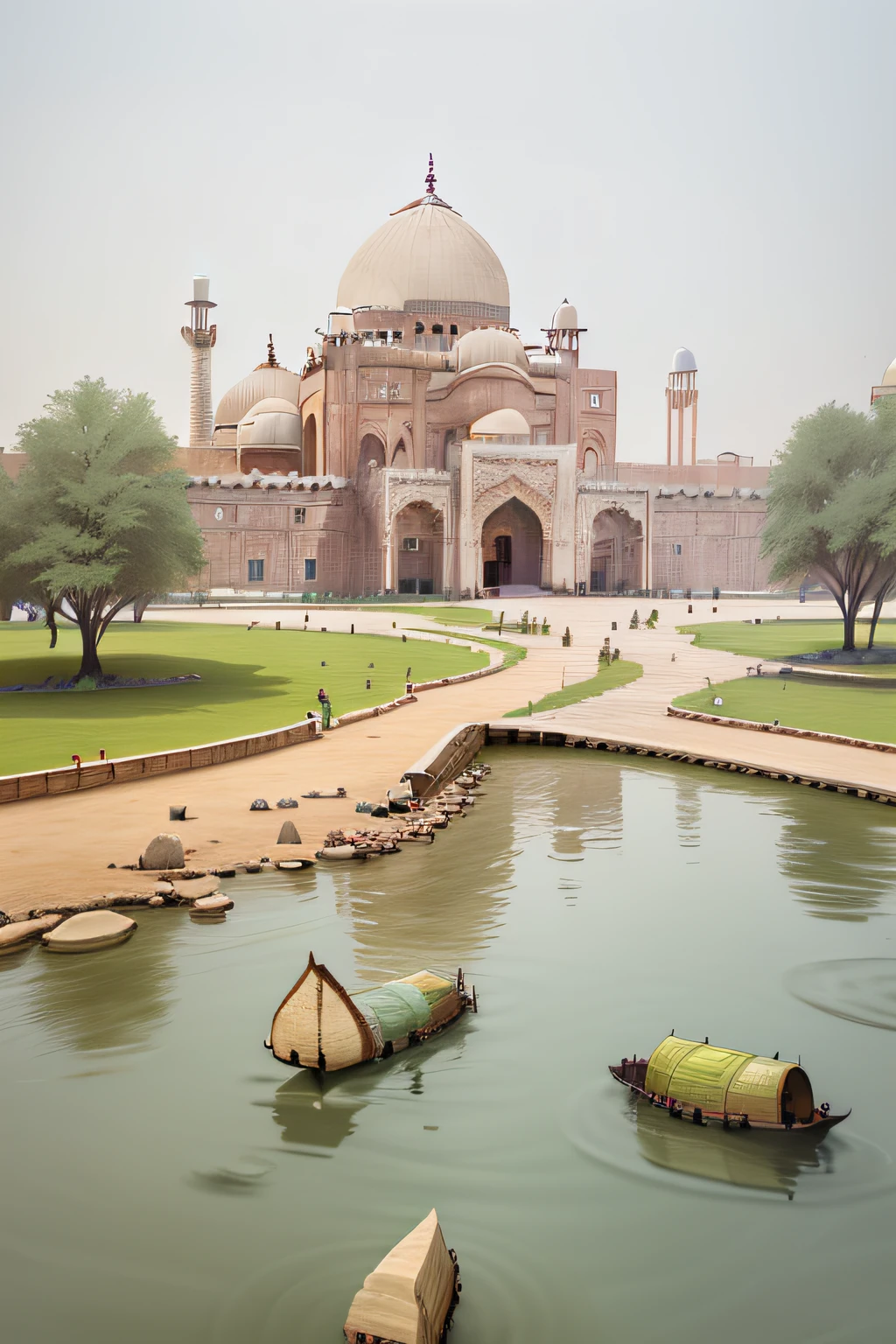 A serene view of the Badshahi Mosque in Lahore, with its intricate architecture and stunning marble work. The AI platform will render this scene in a stylized, dreamy manner, adding a touch of magic to the already beautiful structure.