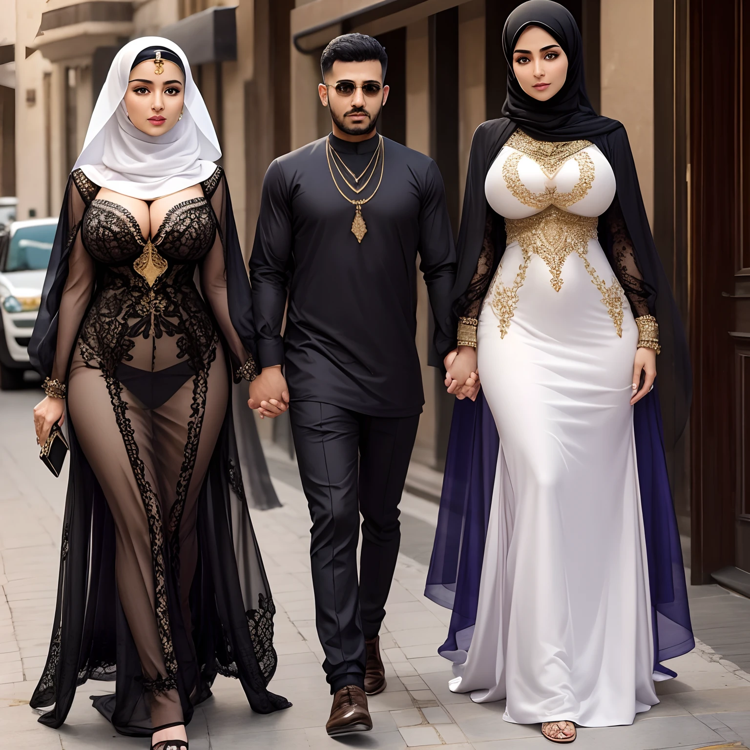 Son and Mather،hot dress designer, big titts, hijab, street People Arabian details dress , see through dress , penis details , pussy Arabian details