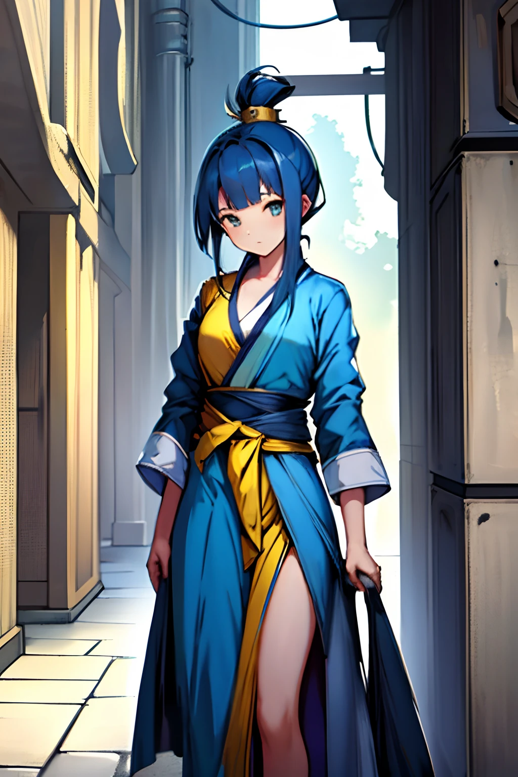 1girll，Blue hair，Dull yellow robe