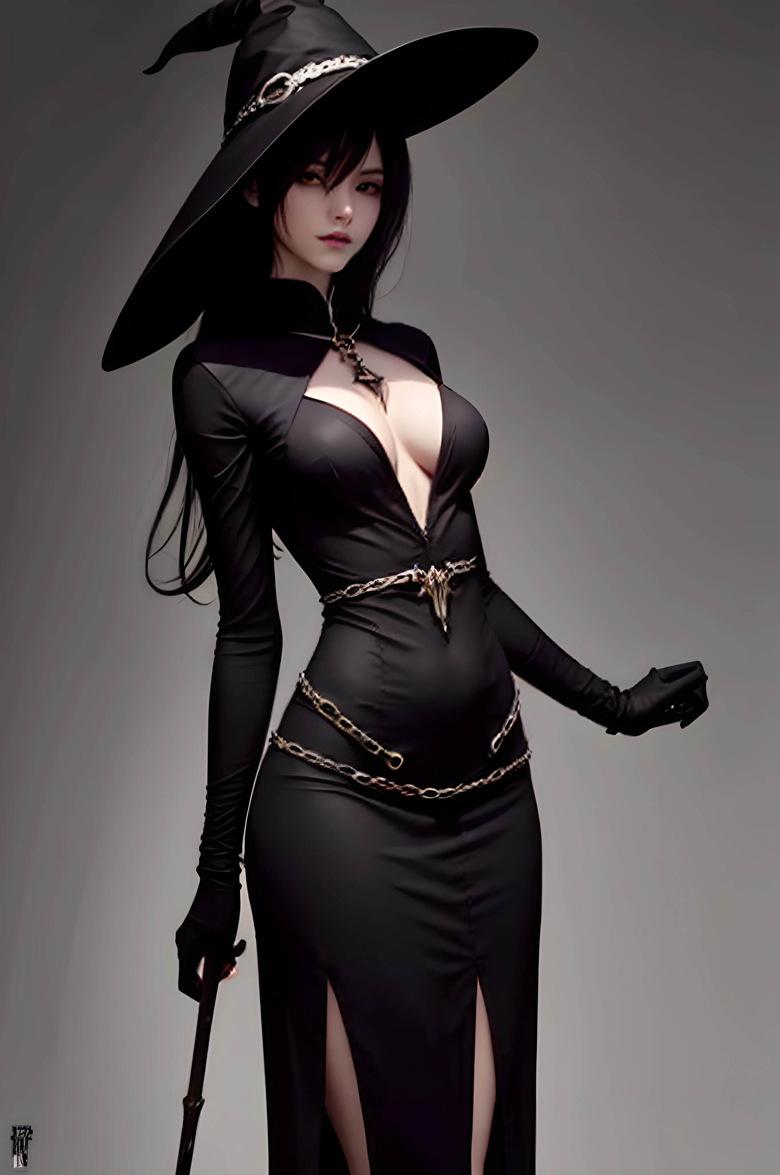 The Witch in the Black Hat (beste-Qualit), (Masterpiece quality), Average Breasts, Detailed and detailed anatomy, Detailed body, shapely body, handsome body, Perfect body proportions, A perfect chest, perfect figure, sexypose, Curved body, Fewer details, Simple lines, Simple background, Dark background. dark witch character, black - haired mage, guweiz on artstation pixiv, guweiz on pixiv artstation, fashionable dark witch, artwork in the style of guweiz, in style of dark fantasy art, trending on artstation pixiv, epic exquisite character art