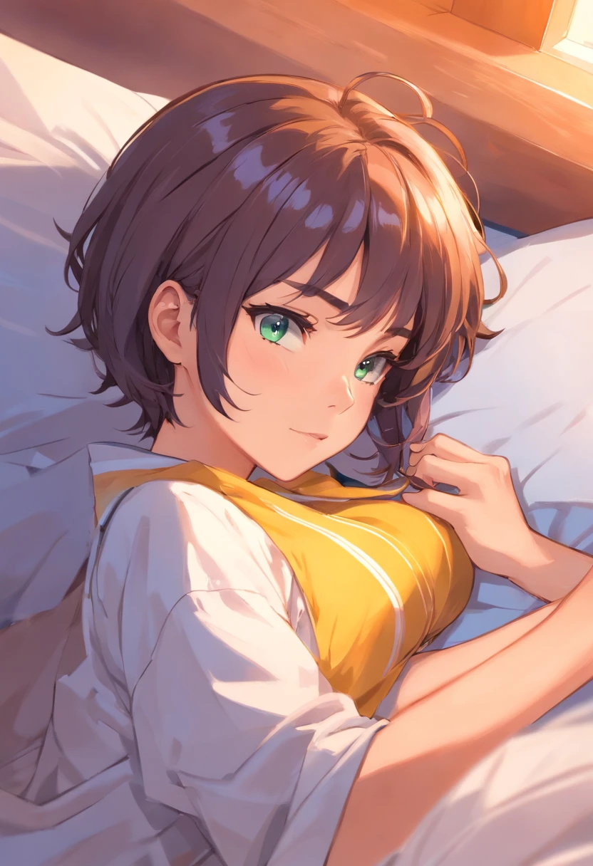 Viper, Valorant, sentada em uma cama em uma camisa branca, Menina anime sedutora, Menina bonita do anime, Artgerm extremamente detalhado, Menina anime atraente, Menina do anime, Arte Digital Anime detalhada, Menina do valorant com cabelo curto, Menina anime bonito, valorant, riot games. anime illustration